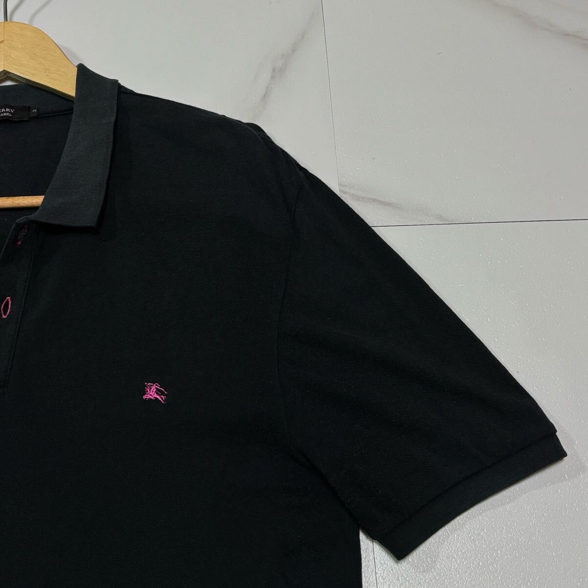 希少/ Lサイズ BURBERRY BLACK LABEL バーバリーブラックレーベル ポロシャツ 半袖 ストレッチ素材 ホースロゴ刺繍 黒 3サイズ