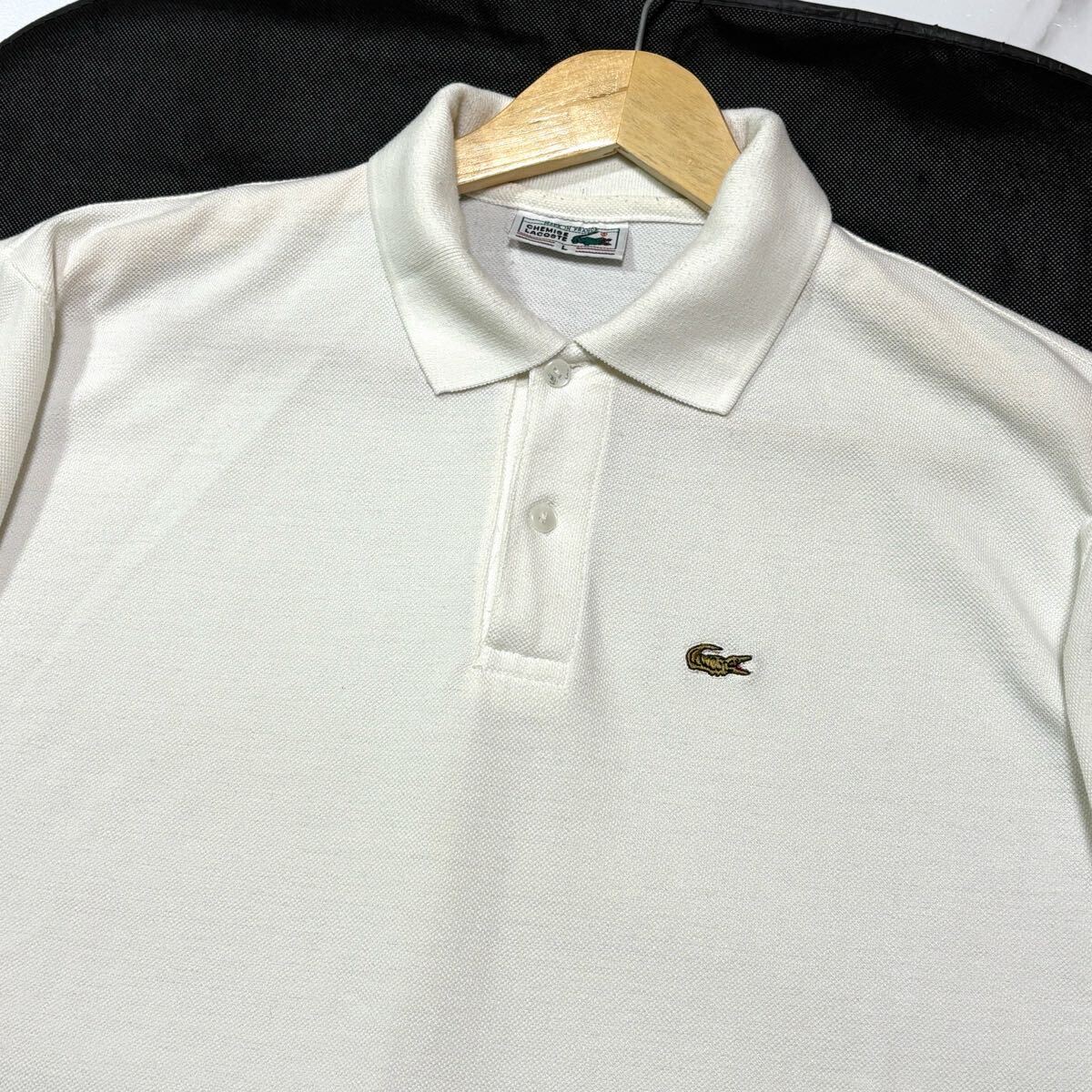 フランス制/ ヴィンテージ LACOSTE ラコステ ポロシャツ 鹿の子 半袖 金ワニ ロゴ刺繍 ホワイト 白 Lサイズ