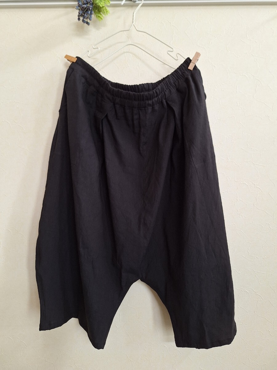 ★リネンストレッチのサルエルパンツ★黒に近い墨黒★ハンドメイド送料無料