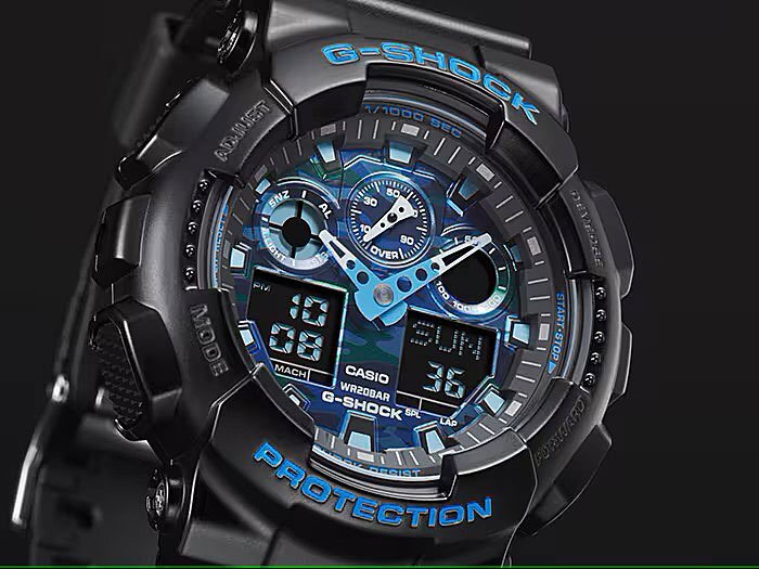 新品1円 Gショック 迷彩柄 ブルーカモフラージュ 200m防水 GA-100CB-1A 腕時計(jì) G-SHOCKカシオ 逆輸入 CASIOミリタリー1/1000秒クロノグラフ