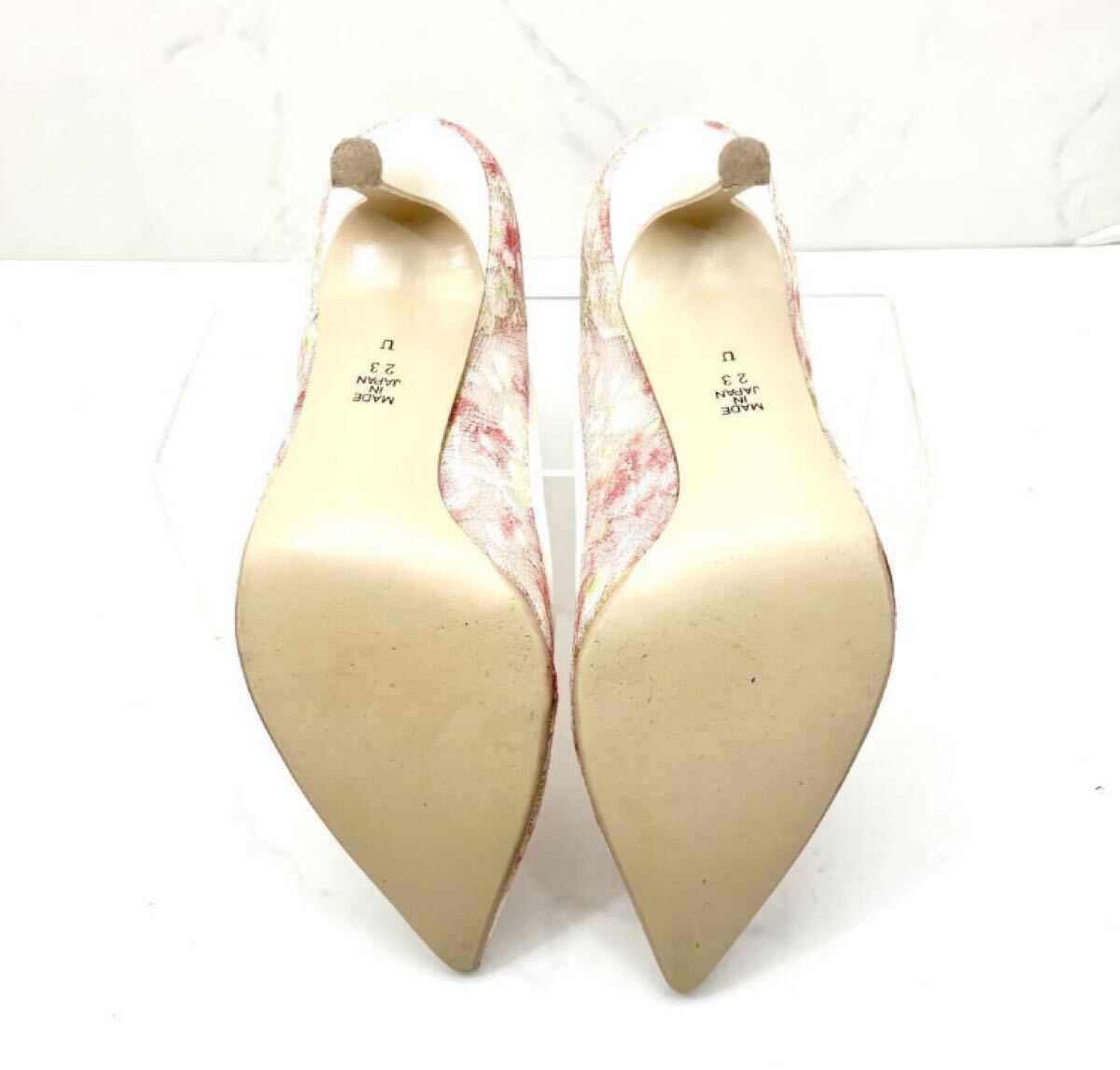 338【美品】DIANA ダイアナ 花柄レース×レザーパンプス ホワイト×ピンク系 ポインテッドトゥ ピンヒール ハイヒール 23.0cm 白レディース
