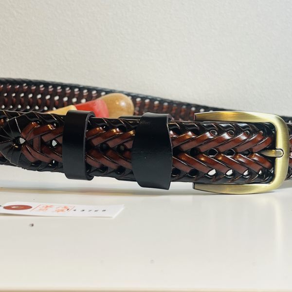 【淺草革具】フリーサイズ メンズ ベルト 編み込み イタリアンレザー 牛革 カジュアル 新品 未使用 男性 1円 レザー 無段階調(diào)整 ブラウン　
