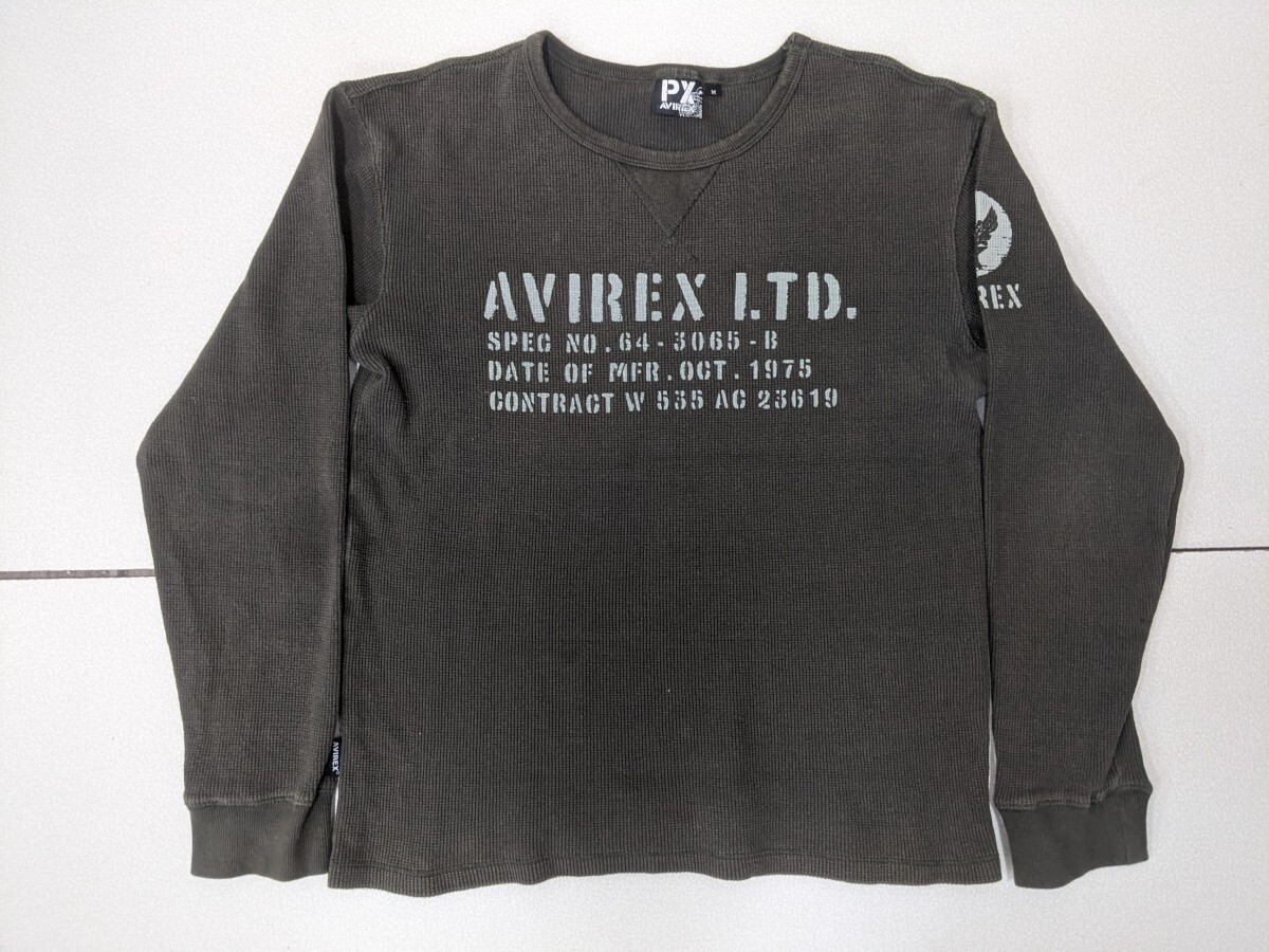 15．AVIREX デカロゴ 袖ロゴ プリント 前Vガゼット 短丈 ショート丈 長(zhǎng)袖 ワッフル Tシャツ ロンT サーマル アビレックス メンズMx305