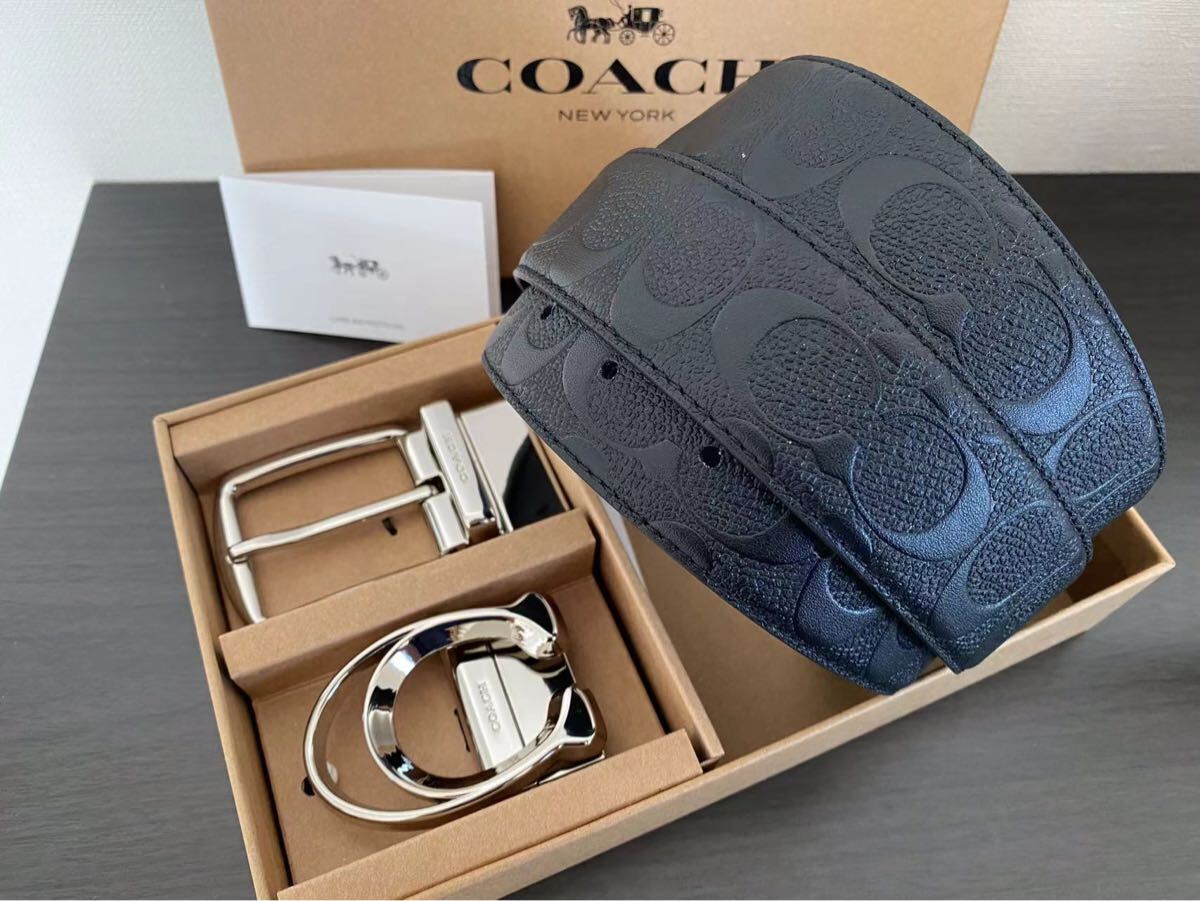 COACH コーチ リバーシブル 紳士ベルト ビジネス 社會(huì)人 シルバーバックル　回転可能　新品　未使用　 シグネチャーベルト