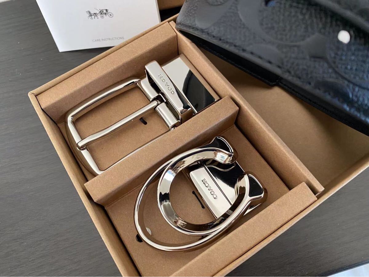 COACH コーチ リバーシブル 紳士ベルト ビジネス 社會(huì)人 シルバーバックル　回転可能　新品　未使用　 シグネチャーベルト