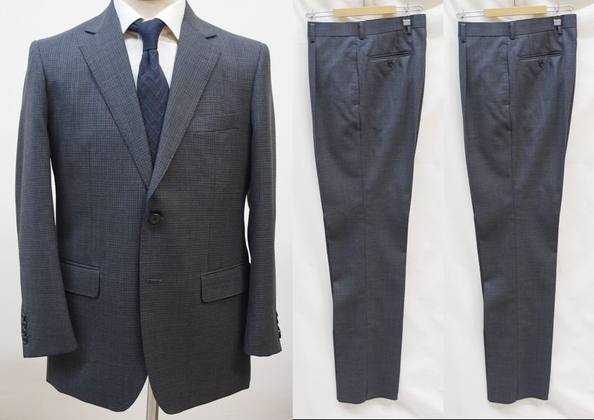 ◇処分秋冬A6/T170-180-W80/濃グレーチェック/毛混2パンツ/ワンタック2ボタンレギュラースーツビジネス新品即決AL