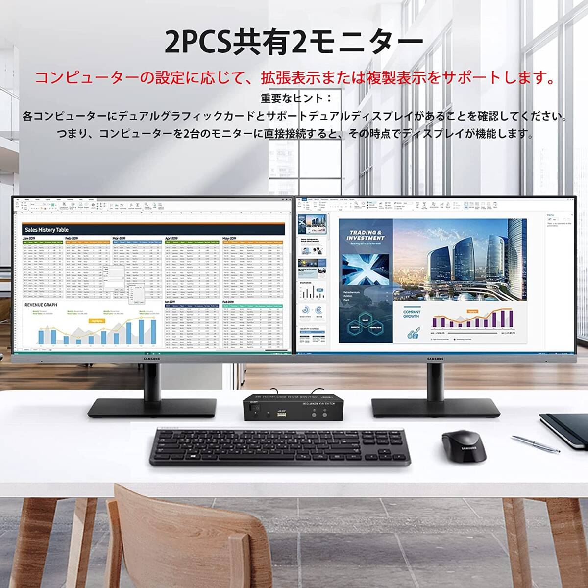 デュアルモニター HDMI KVMスイッチ2ポート 4K デュアルモニター HDMI 拡張 KVM 切替器 HDMI 2入力2出力