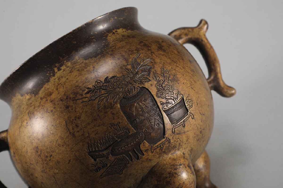 中国 古銅宣徳銅 宣款 三足沖耳爐 香炉 時代箱付 M R4946 夢工房】時代 宣徳銅 遊環耳 手炉 重さ3.1kg 径26㎝ ZA-365