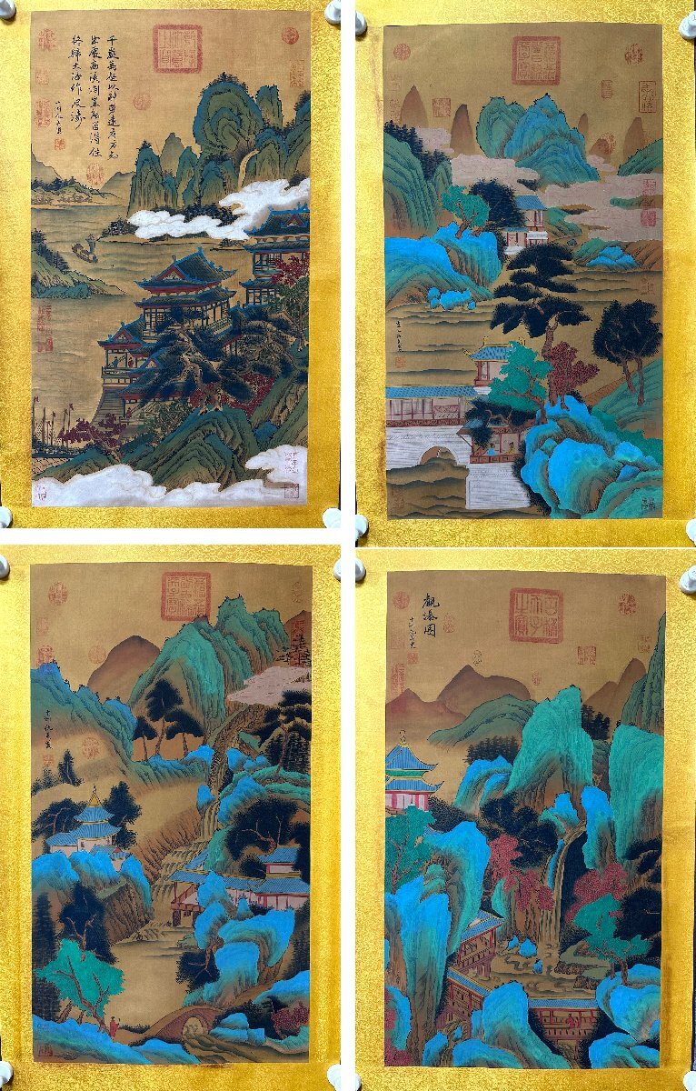 安】中国明時代画家「仇英書」絹本「山水楼閣図10条屏」掛軸