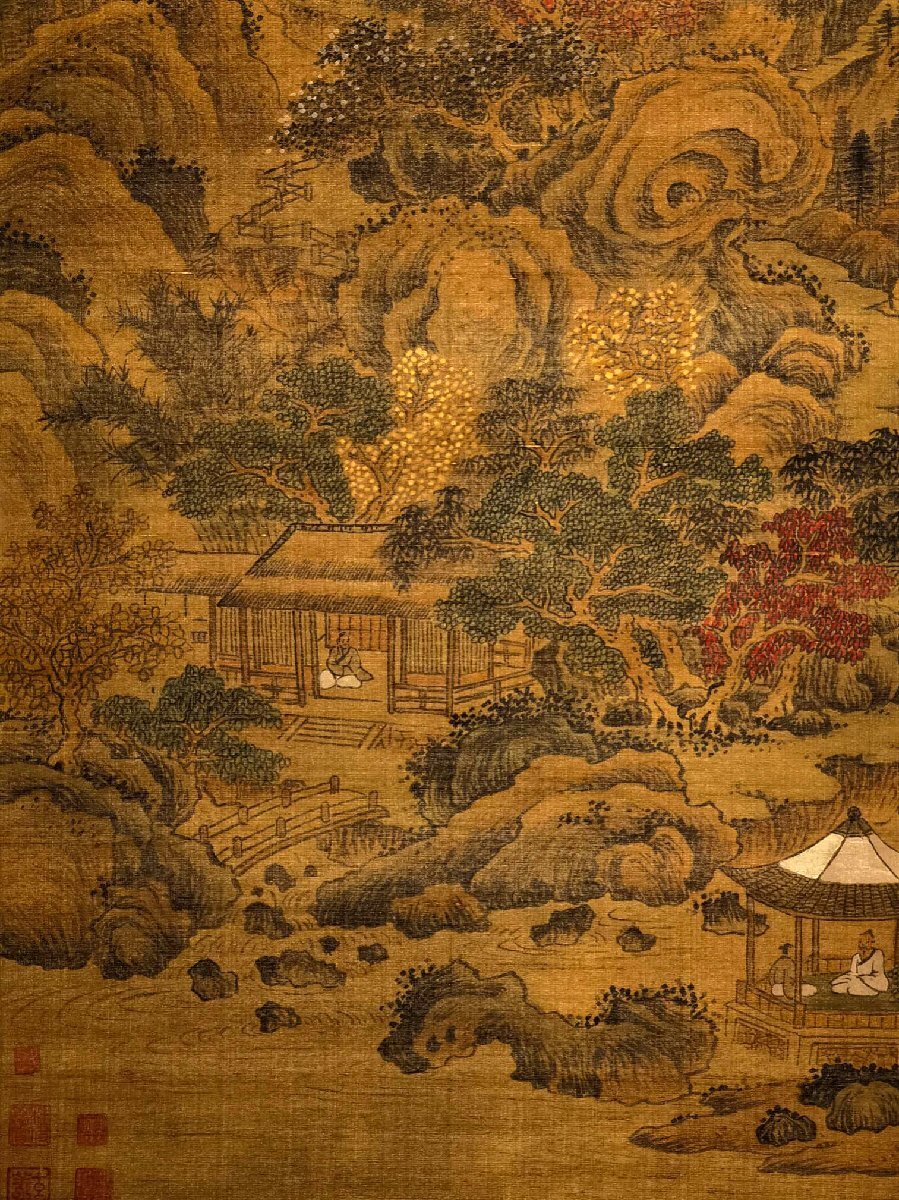 安】中国元時代画家「趙孟フ書」絹本「渓山秋霽図」巨大掛軸