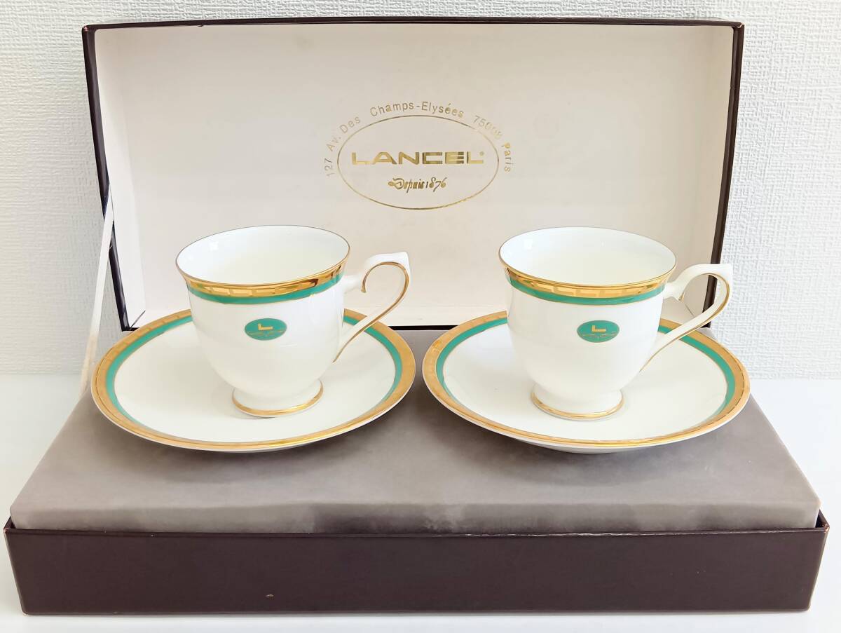 ☆LANCEL ランセル ペア コーヒーカップ ソーサー 2客 L-2005 洋食器 陶器 金彩 金絵付け ゴールド 前畑 MAEBATA 箱付き 保管品_画像1