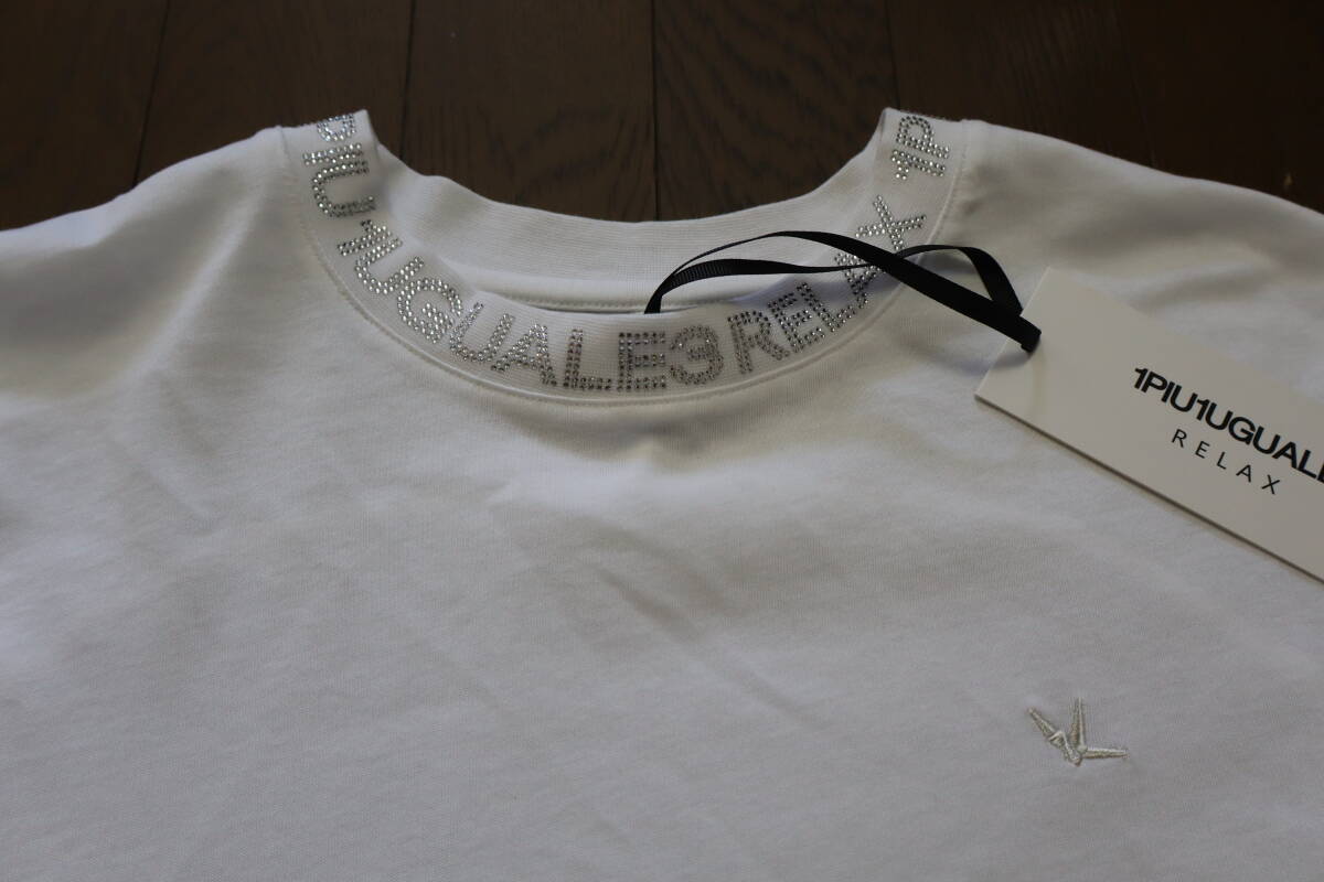 ☆1PIU1UGUALE3 RELAX/ウノピュウーノウグァーレトレ☆未使用 1円スタート！！ラインストーンネックロゴロングTシャツ サイズ：L おしゃれ