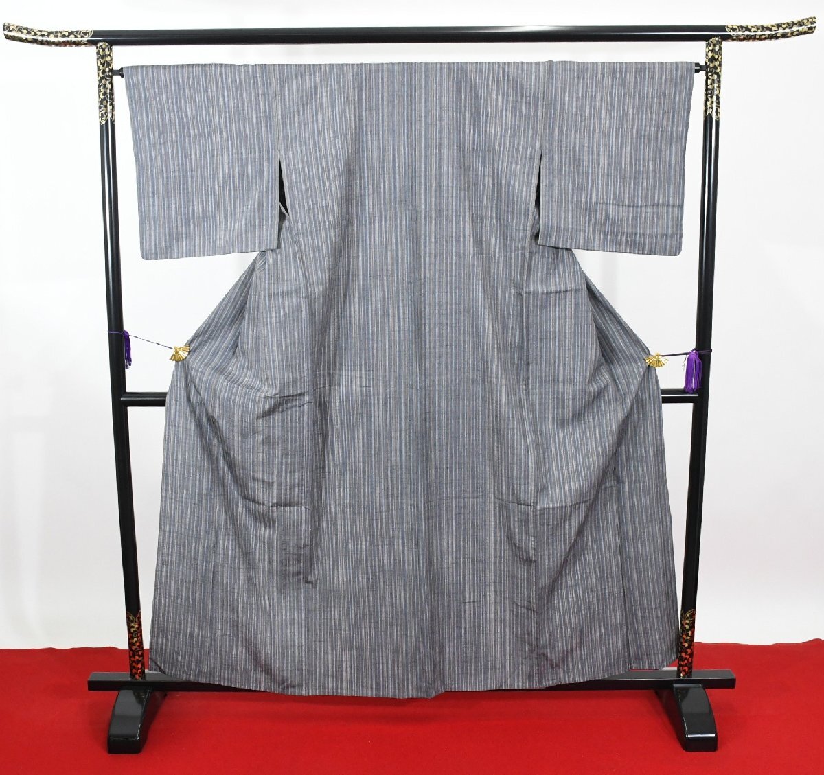 紬 つむぎ 縞々 正絹 単衣 身丈154cm 裄丈66cm ★着物 pb-3728 桜庭呉服店_画像2