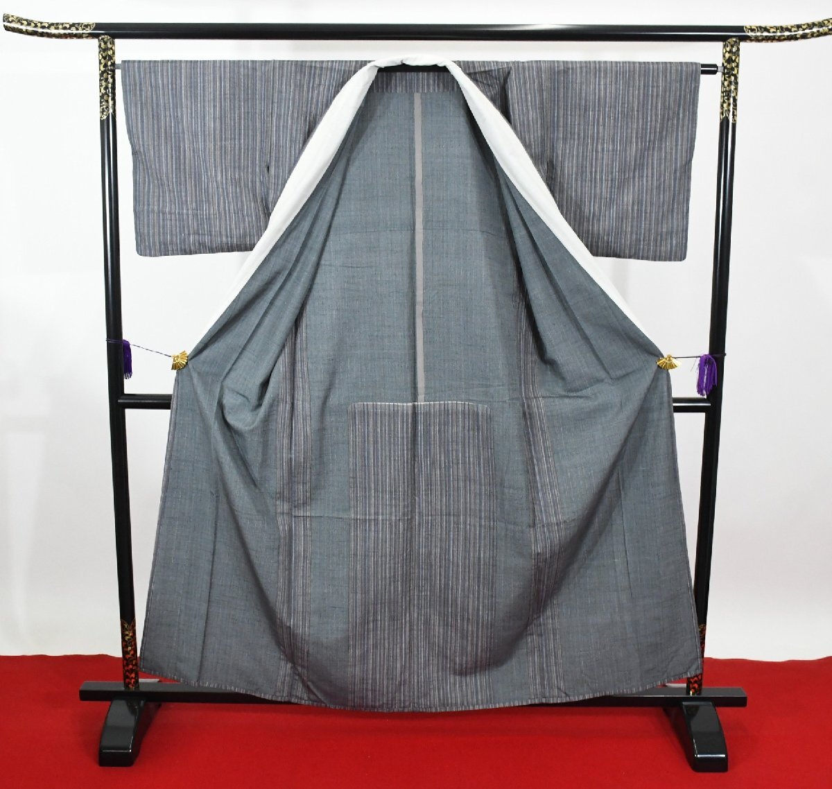 紬 つむぎ 縞々 正絹 単衣 身丈154cm 裄丈66cm ★着物 pb-3728 桜庭呉服店_画像8