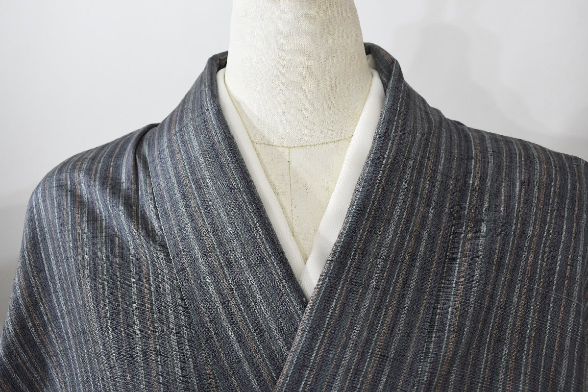 紬 つむぎ 縞々 正絹 単衣 身丈154cm 裄丈66cm ★着物 pb-3728 桜庭呉服店_画像1