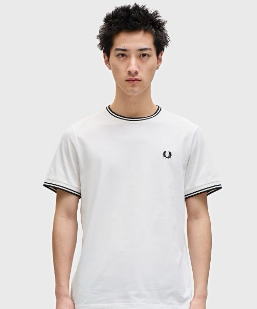 フレッドペリー Twin Tipped Tシャツ M 白×黒 ティップライン 刺繍ロゴFred Perry Twin Tipped T-Shirt White×Black Logo 半袖