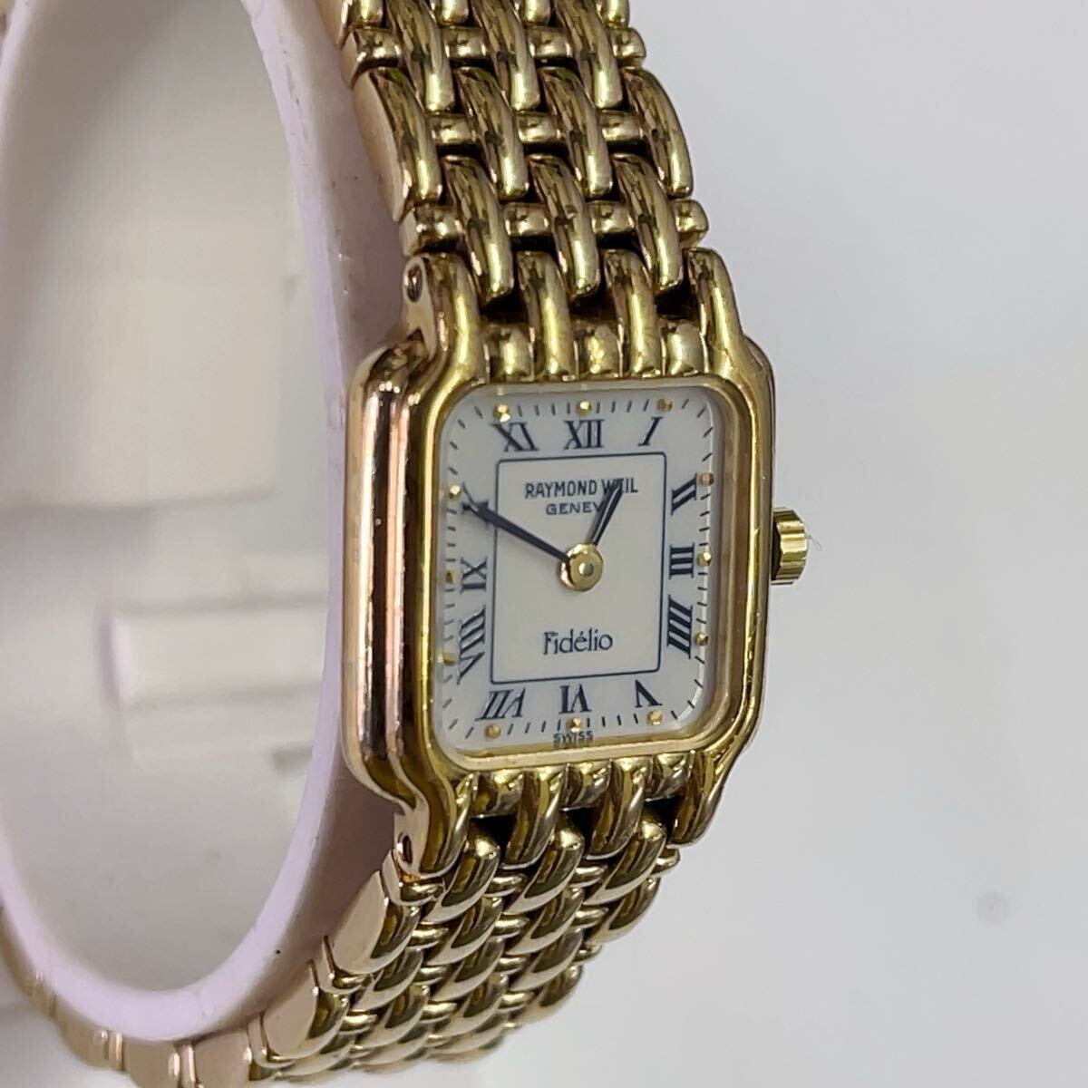 1円 稼動 良品 RAYMOND WEIL レイモンドウィル 3723 QZ ローマン デイト ゴールド 白文字盤 ブレスレット レディース腕時計 