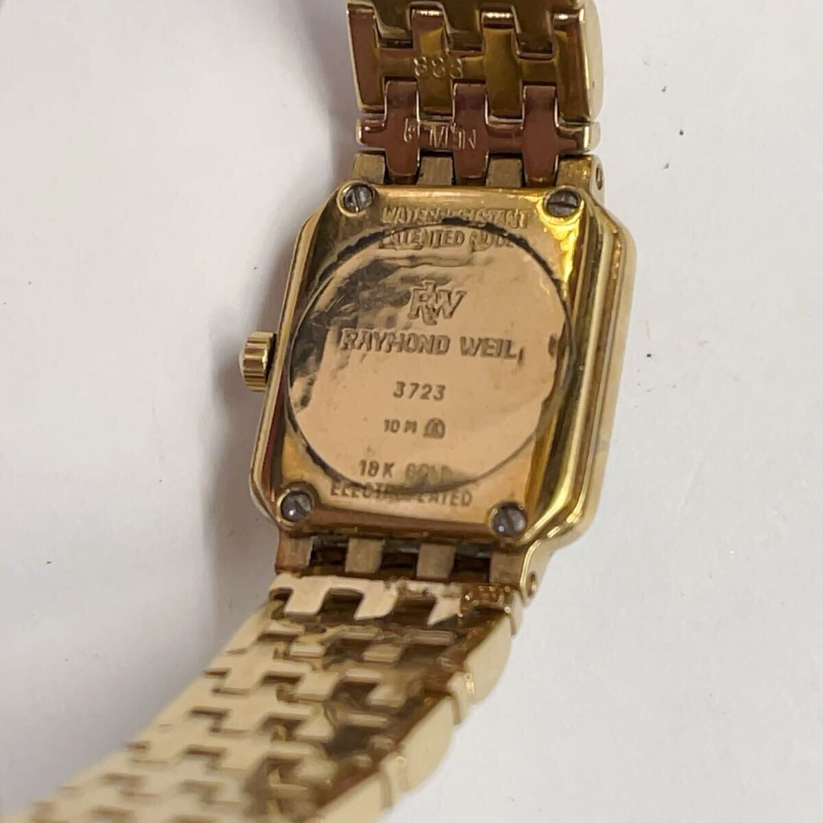 1円 稼動 良品 RAYMOND WEIL レイモンドウィル 3723 QZ ローマン デイト ゴールド 白文字盤 ブレスレット レディース腕時計 