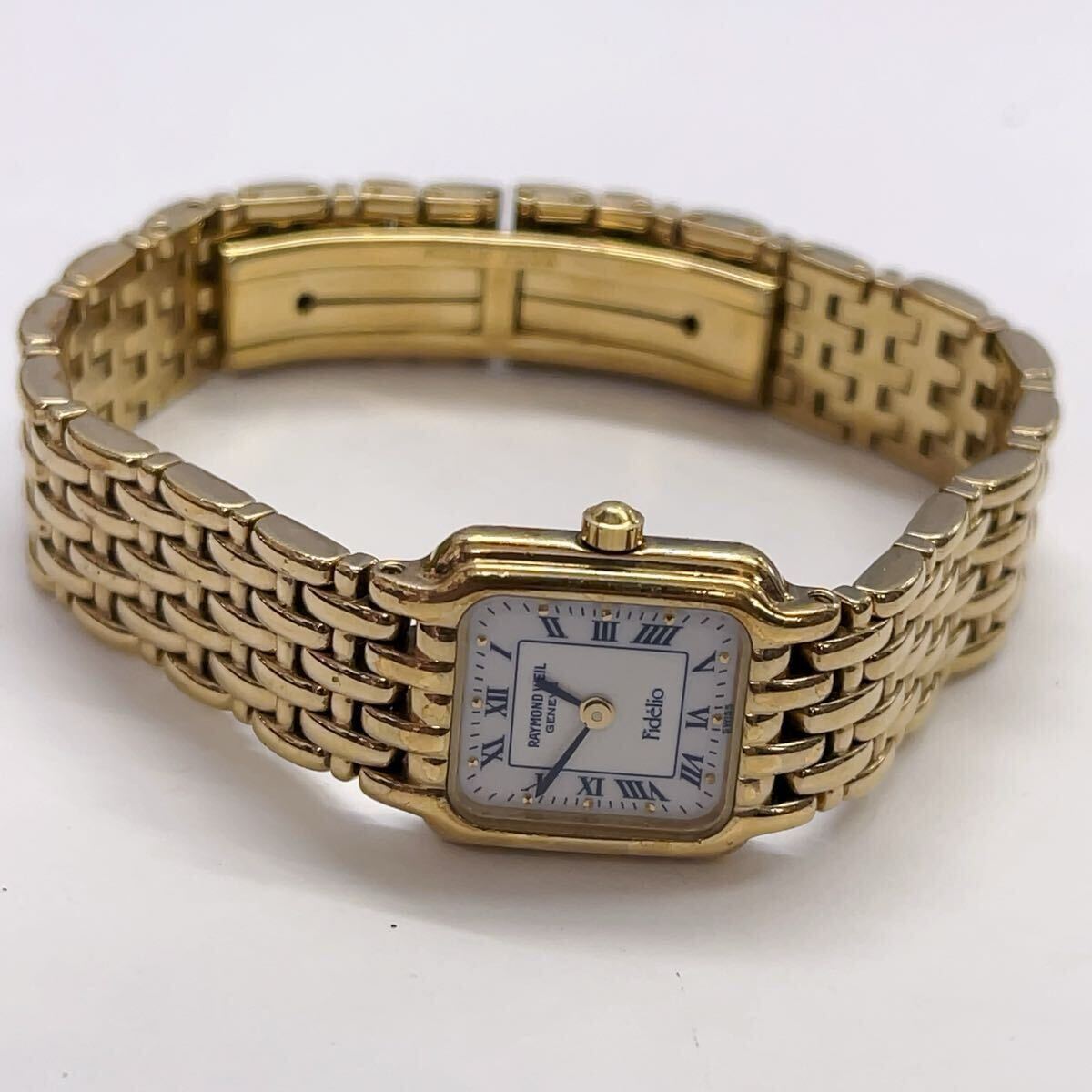1円 稼動 良品 RAYMOND WEIL レイモンドウィル 3723 QZ ローマン デイト ゴールド 白文字盤 ブレスレット レディース腕時計 