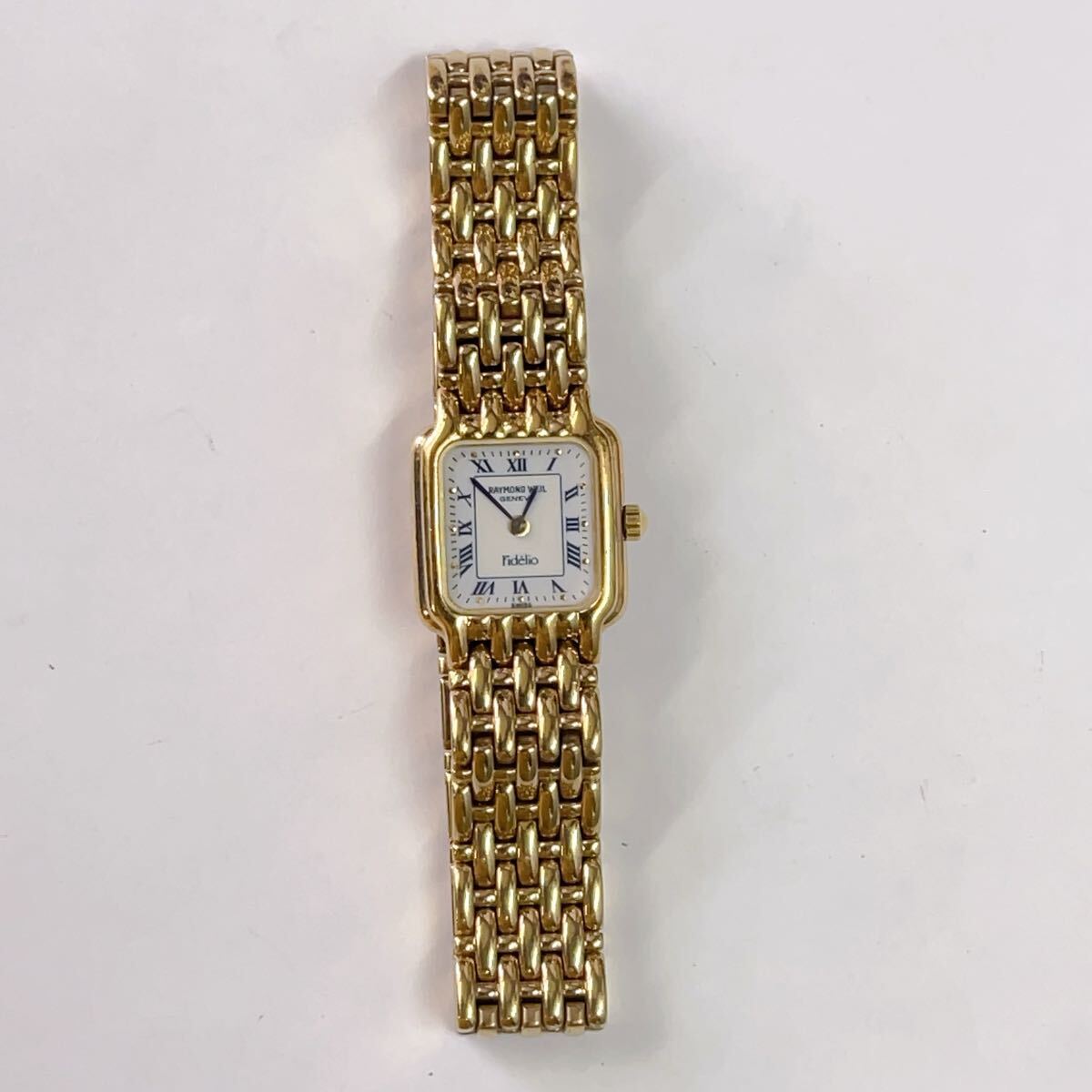 1円 稼動 良品 RAYMOND WEIL レイモンドウィル 3723 QZ ローマン デイト ゴールド 白文字盤 ブレスレット レディース腕時計 
