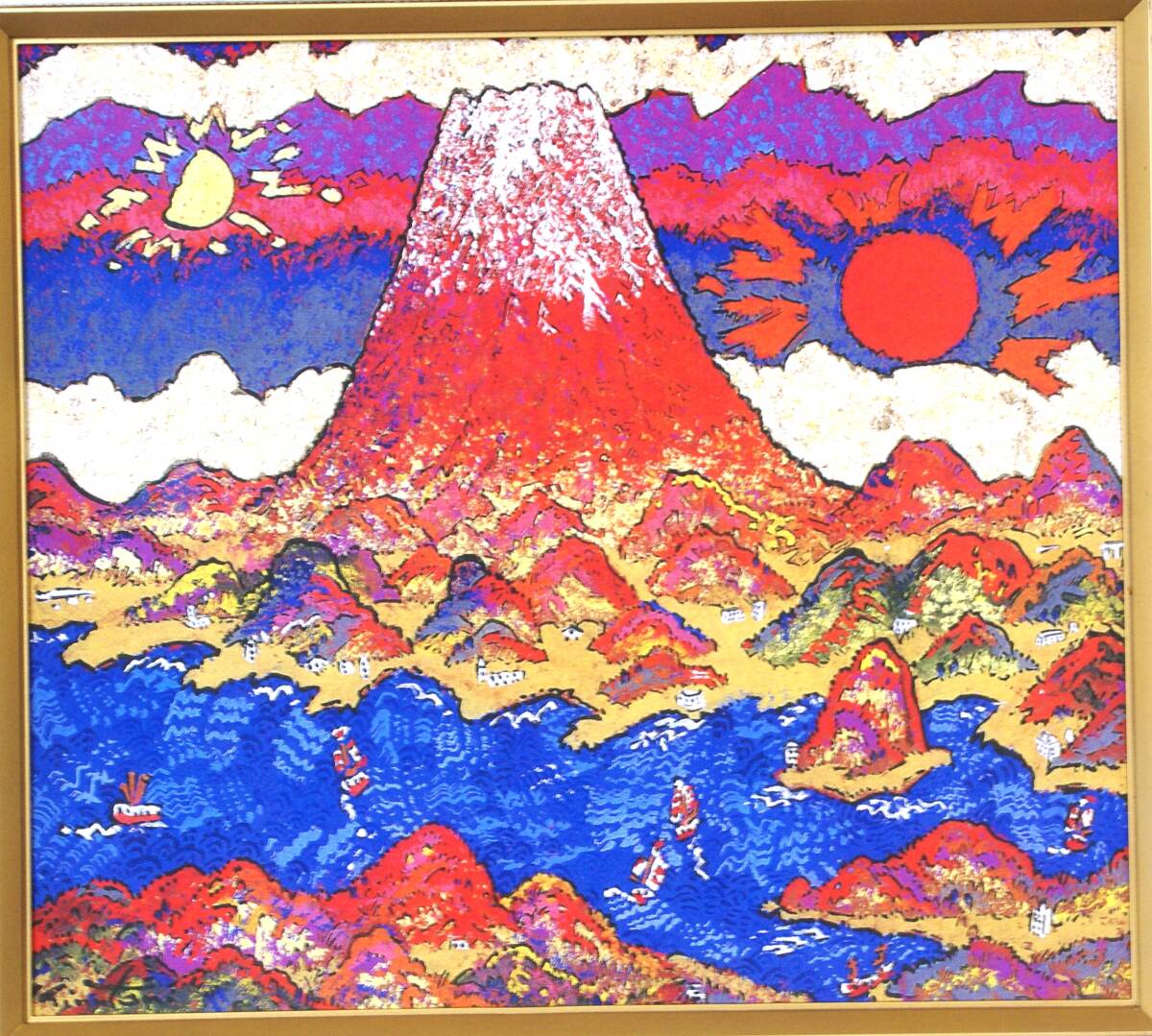 絹谷幸二 「潮音日月富士」 巧芸画色紙額装品 油彩油絵作家 富士山 絹谷幸ニ 日月潮音富士 巧芸画色紙額装品 油彩油絵作家 富士山