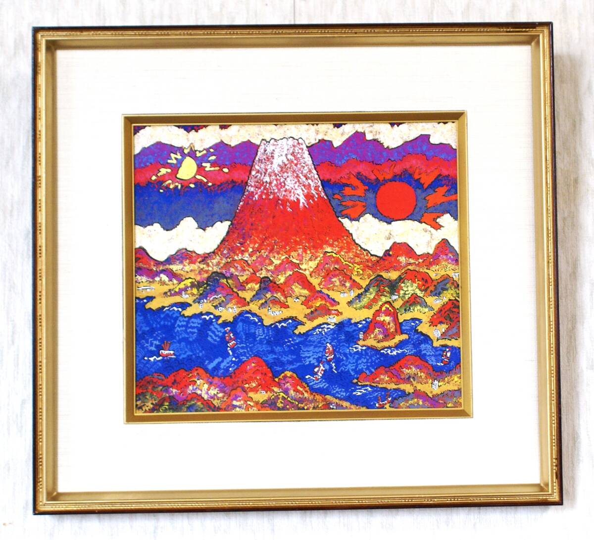 絹谷幸二 「潮音日月富士」 巧芸画色紙額装品 油彩油絵作家 富士山 絹谷幸ニ 日月潮音富士 巧芸画色紙額装品 油彩油絵作家 富士山