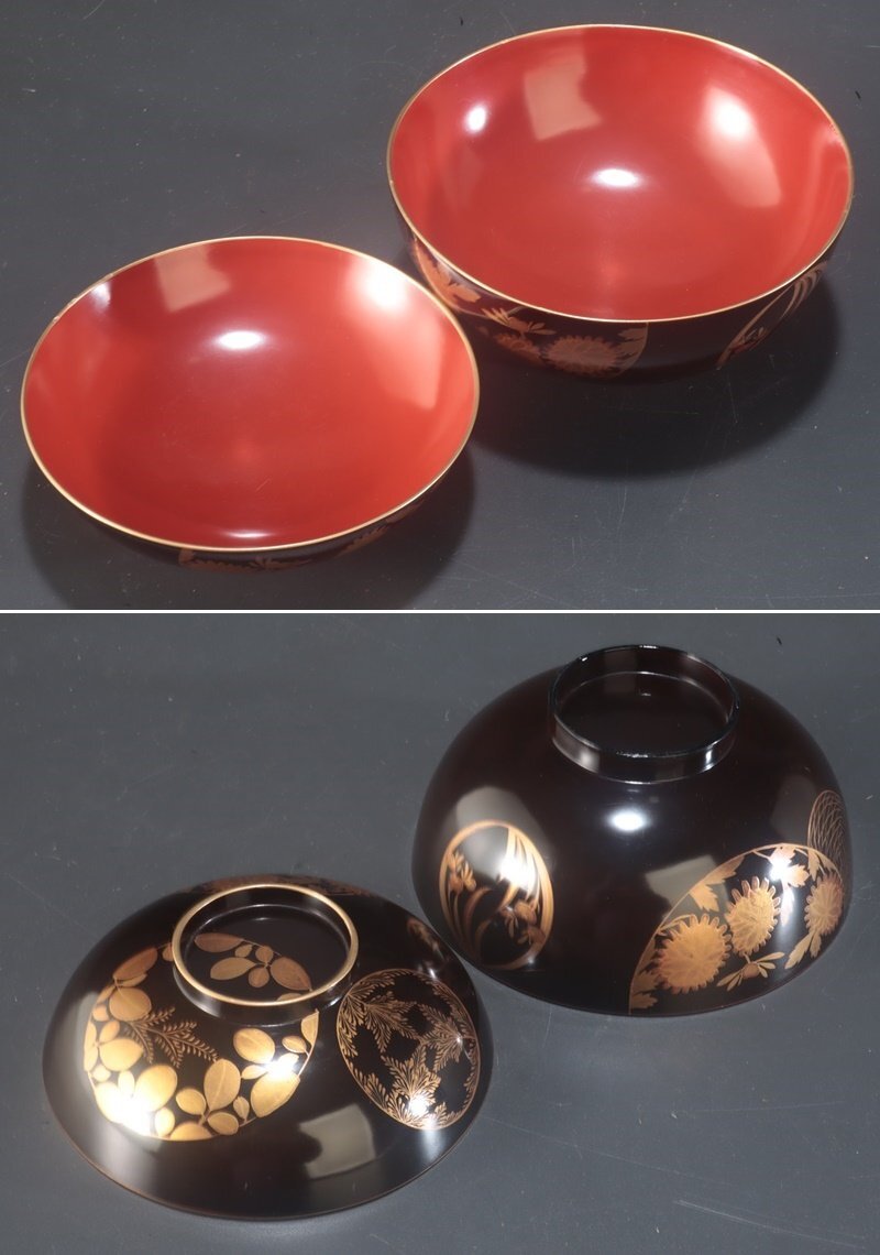蓋付吸い物椀 洗朱蒔絵 10客 堅地家具師 文吉作 時代物 木製 手作り