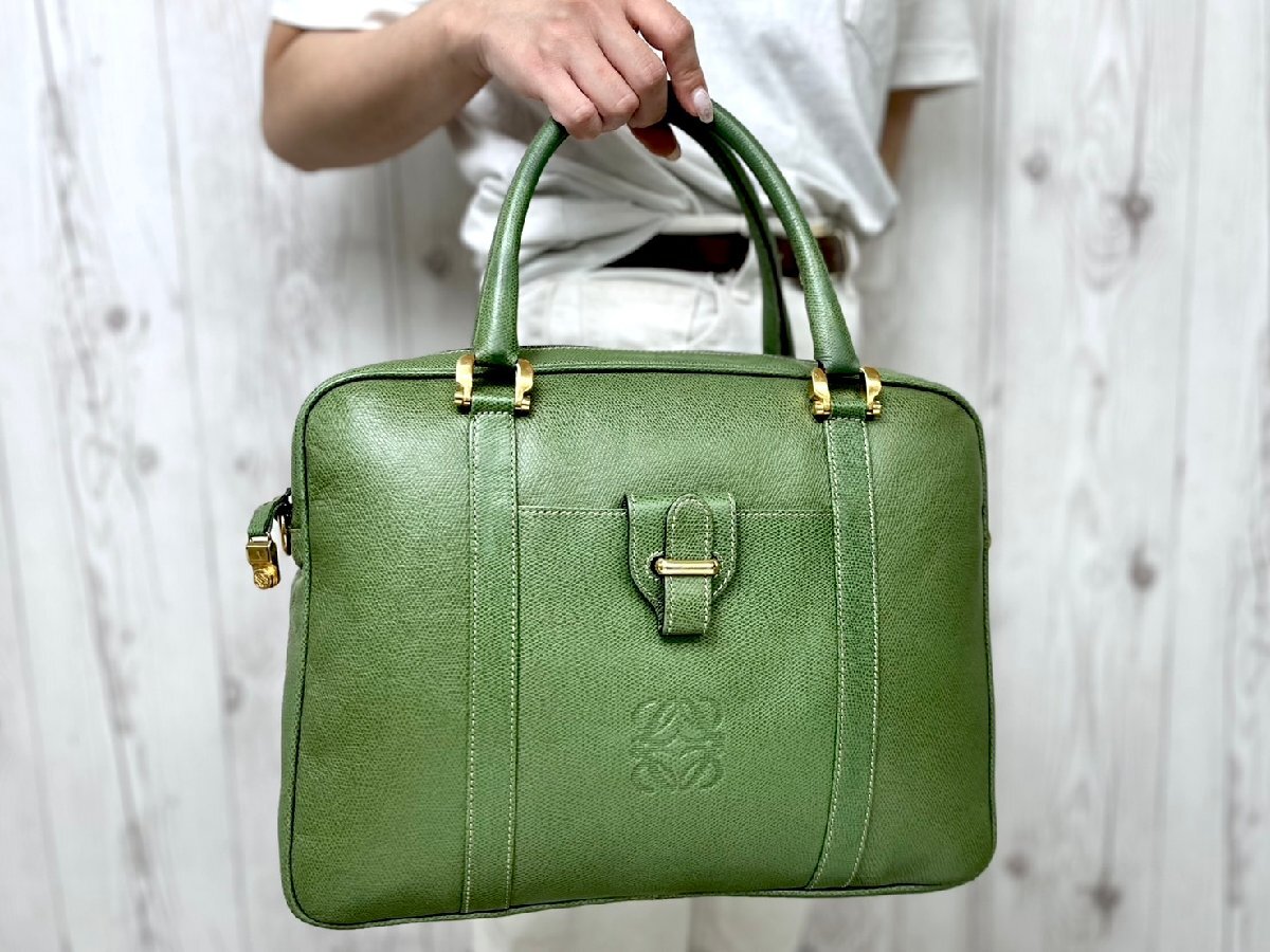 極美品 LOEWE ロエベ ヴィンテージ ビジネスバッグ ハンドバッグ トートバッグ バッグ レザー 緑 A4収納可 85787