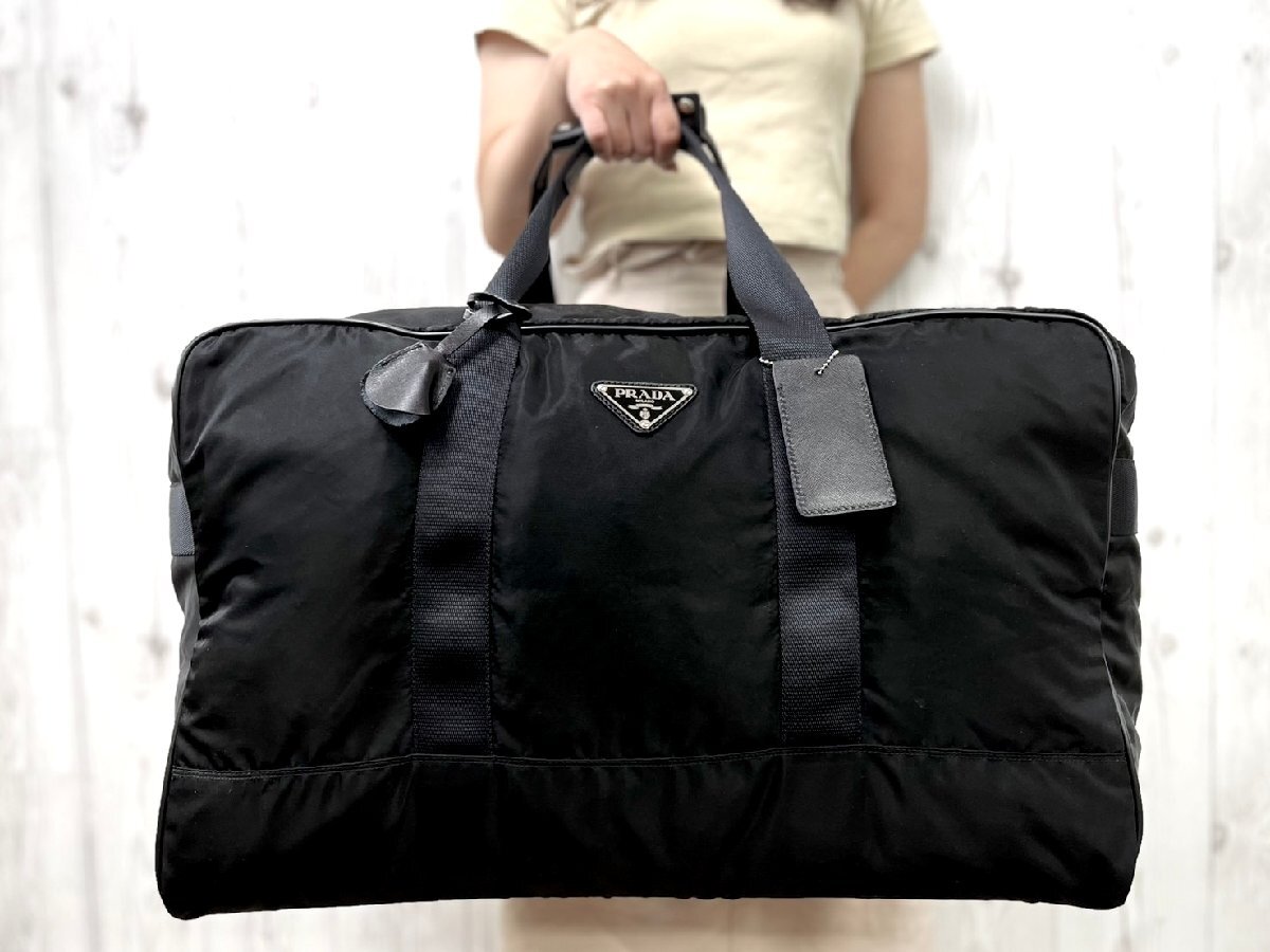 極美品 PRADA プラダ テスート ボストンバッグ ハンドバッグ バッグ ナイロン×サフィアーノレザー 黒 A4可 メンズ 86198