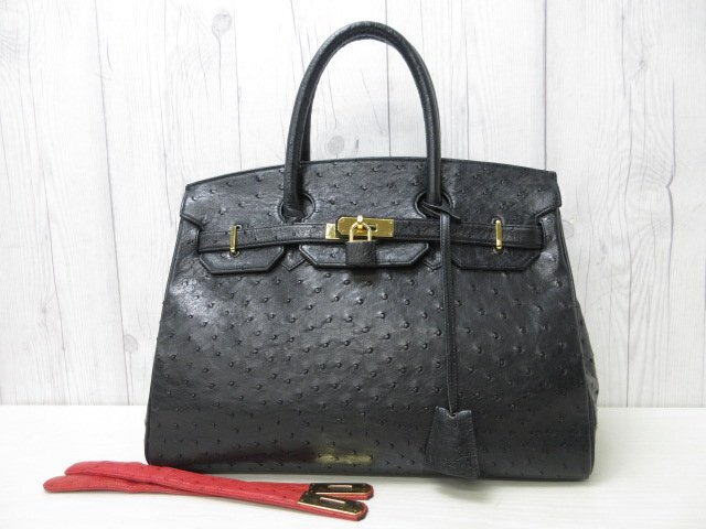 極美品 オーストリッチ ハンドバッグ バッグ 黒 2WAY A4収納可 85890