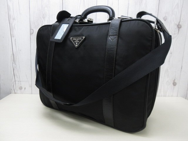 極美品 PRADA プラダ デカ ロゴ テスート ボストンバッグ ショルダー バッグ ナイロン×サフィアーノレザー 黒 A4可 2WAY メンズ 85937