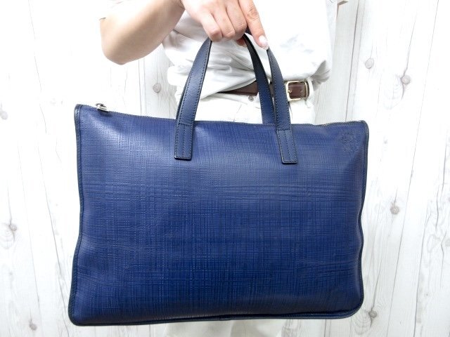 極美品 LOEWE ロエベ アナグラム ビジネスバッグ トートバッグ ハンドバッグ バッグ レザー 青 A4収納可 メンズ 85827Y
