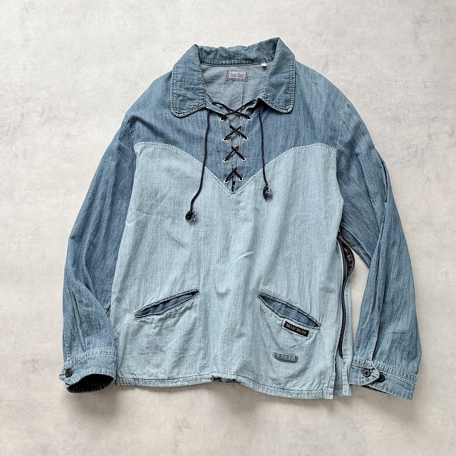 BLUE BLUE ブルーブルー ハリウッドランチマーケット 加工 デニム レースアップ 編み上げ サイドジップ プルオーバー シャツ (3) r-689