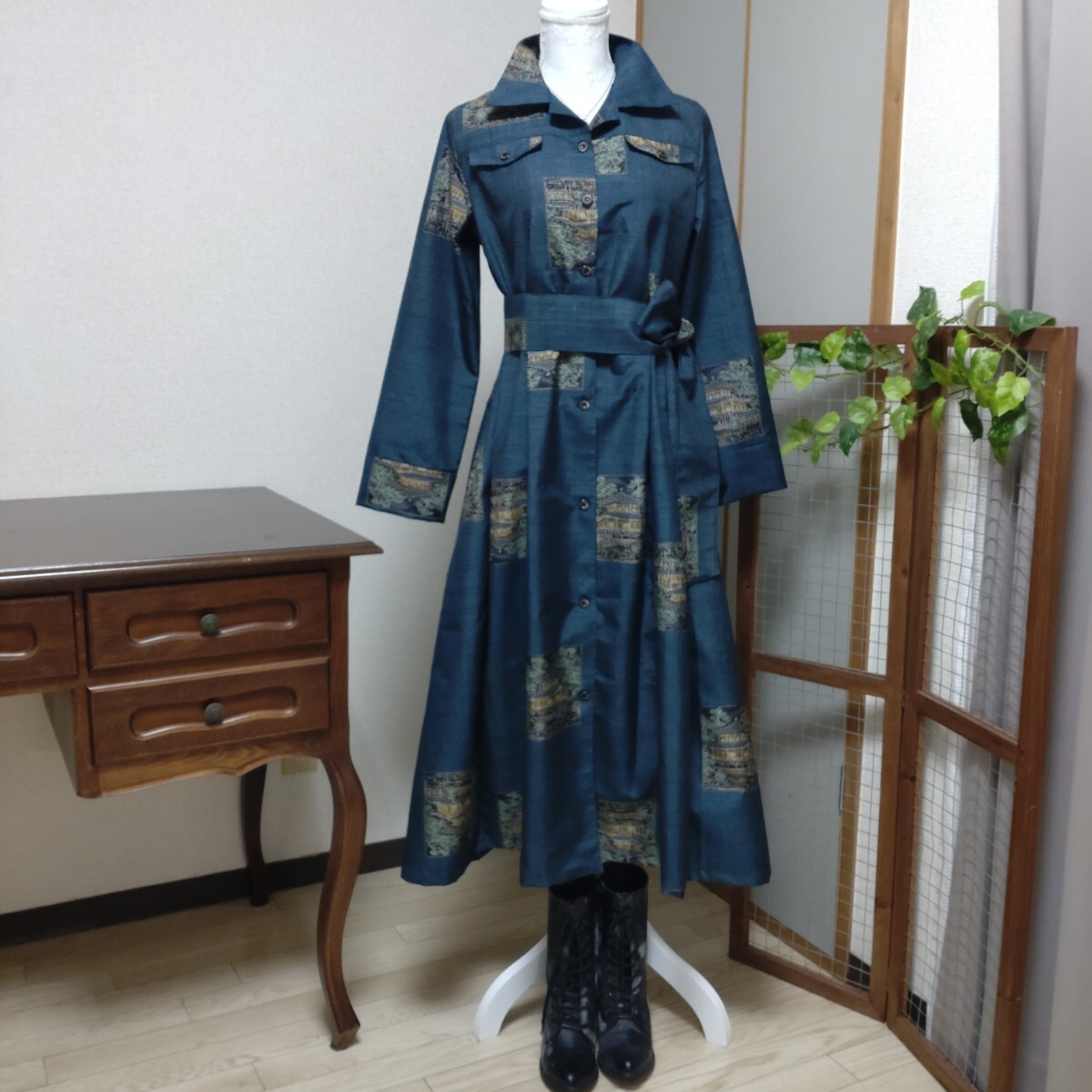 著物リメイク　紬シャツワンピース　 ハンドメイド　