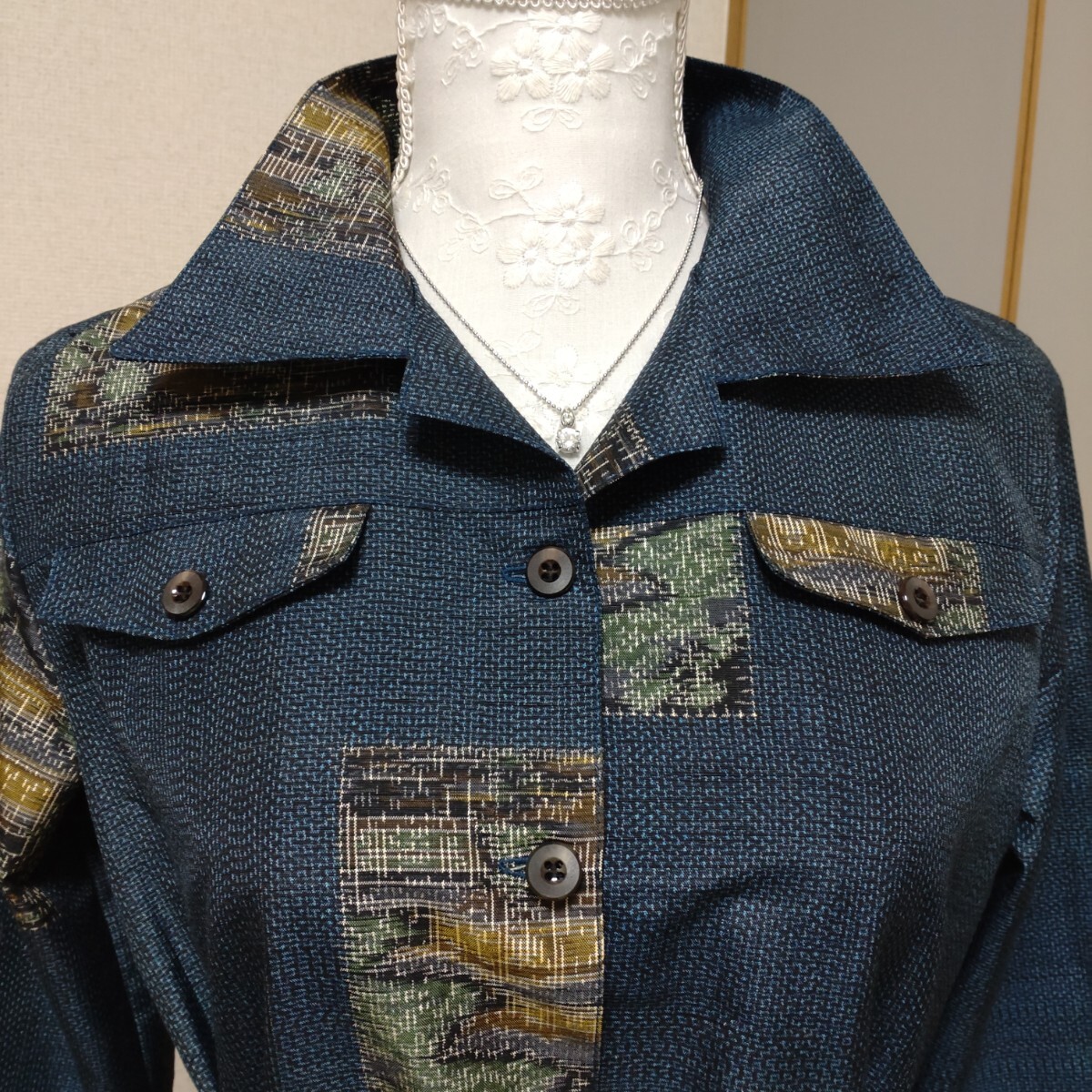 著物リメイク　紬シャツワンピース　 ハンドメイド　