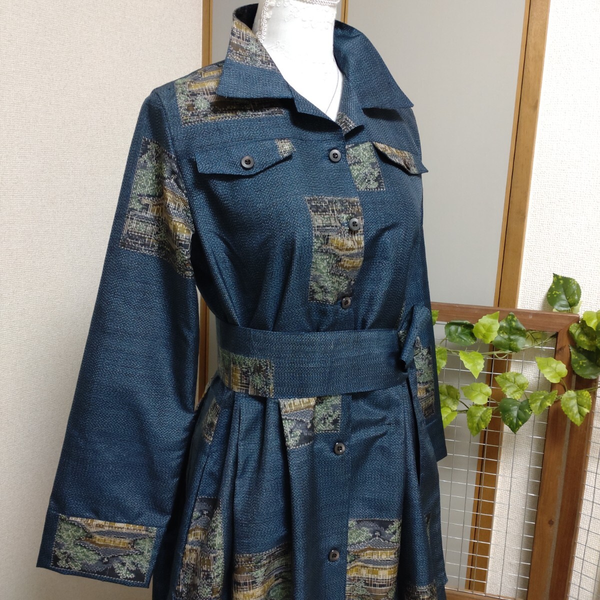 著物リメイク　紬シャツワンピース　 ハンドメイド　