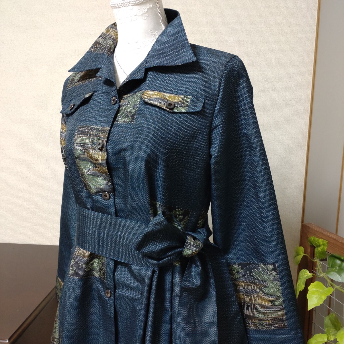 著物リメイク　紬シャツワンピース　 ハンドメイド　