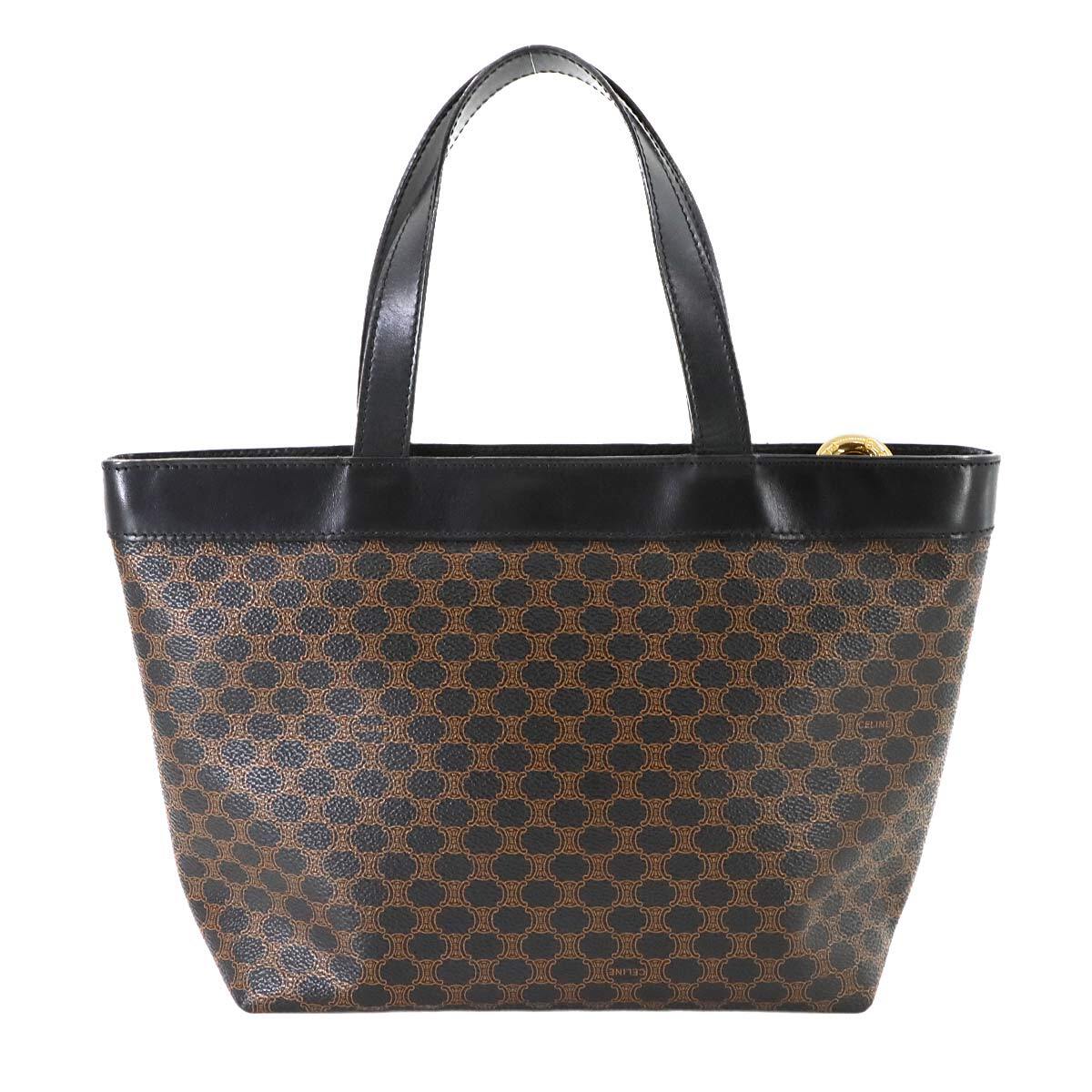 新品同様 セリーヌ CELINE マカダム柄 ハンド バッグ PVC レザー ブラック ブラウン ゴールド 金具 ヴィンテージ 90283043
