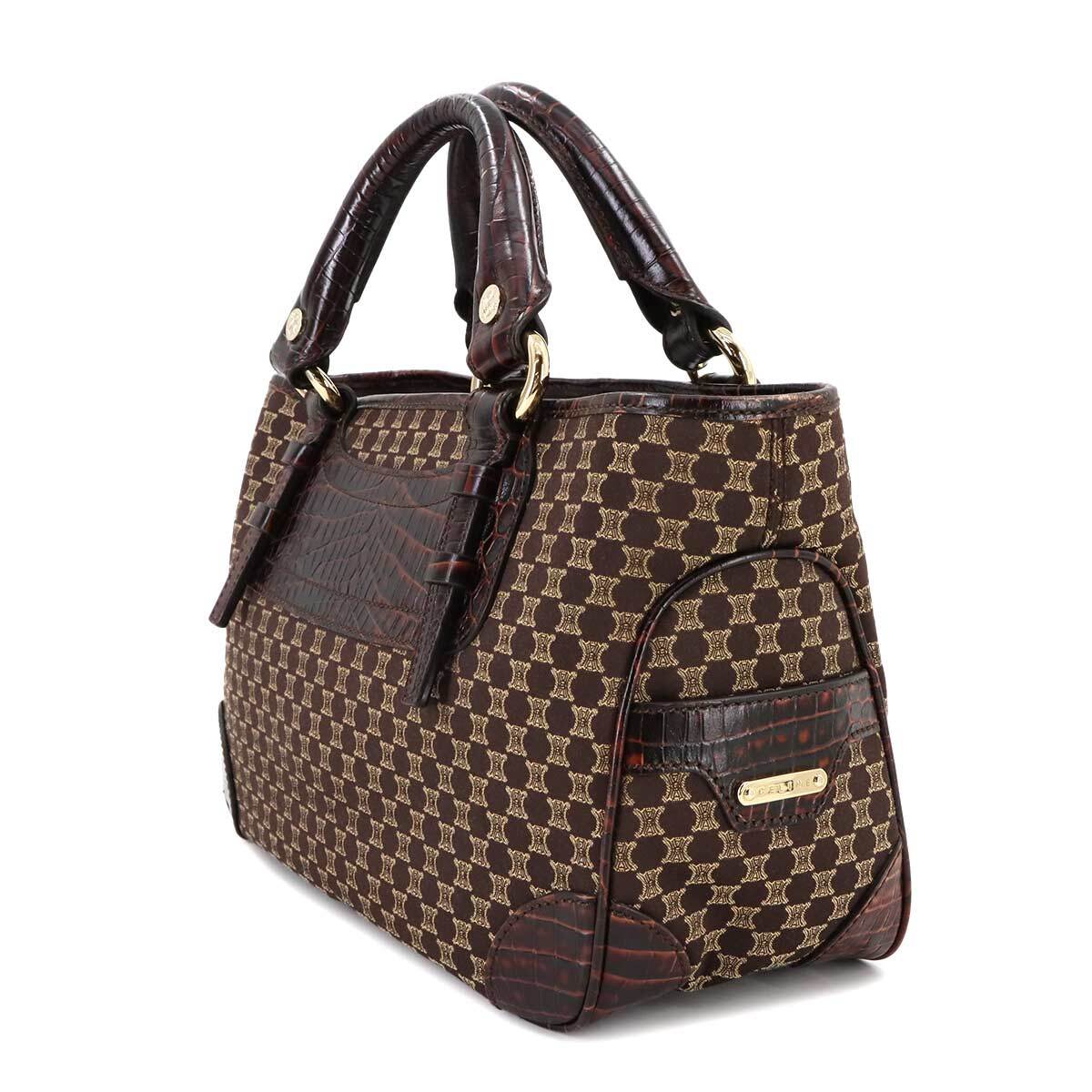新品同様 セリーヌ CELINE マカダム ハンド バッグ キャンバス レザー ダークブラウン ゴールド 金具 ヴィンテージ Macadam Bag 90282196