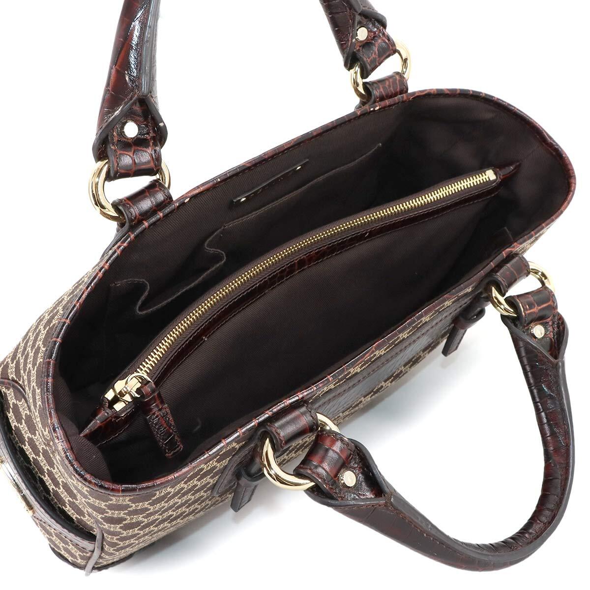 新品同様 セリーヌ CELINE マカダム ハンド バッグ キャンバス レザー ダークブラウン ゴールド 金具 ヴィンテージ Macadam Bag 90282196