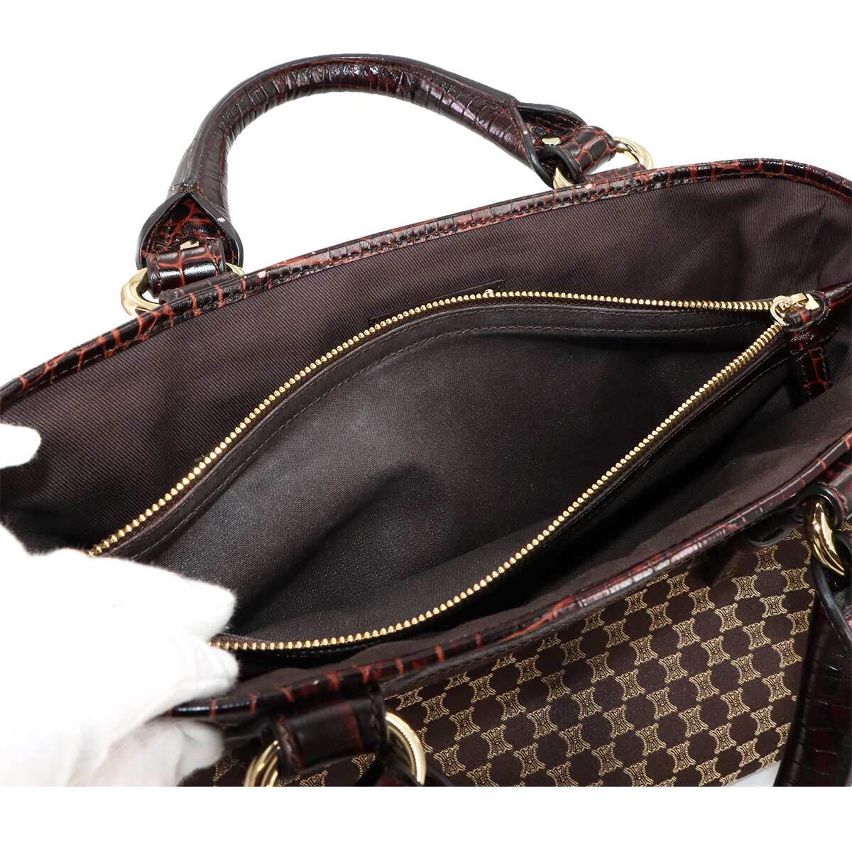 新品同様 セリーヌ CELINE マカダム ハンド バッグ キャンバス レザー ダークブラウン ゴールド 金具 ヴィンテージ Macadam Bag 90282196