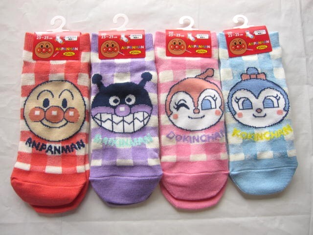 *送料無料*新品*23-25㎝*それいけ！アンパンマン*ソックス４足*チェック*ばいきんまんドキンちゃんコキンちゃん*福助*