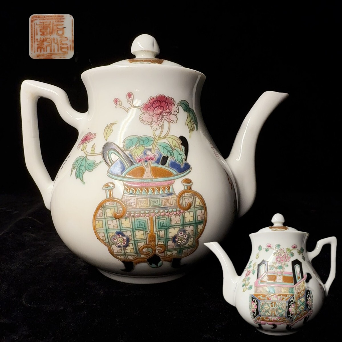 コレクター買取品　中國粉彩清時代　民國時代　手描き 博古紋 急須 茶道具煎茶道具 時代物　骨董品