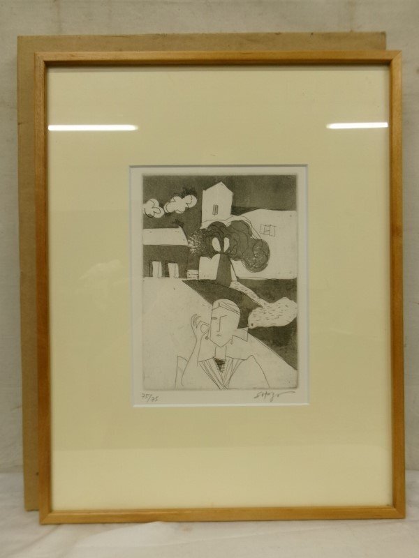 E4528 島田章三 2 「街かど」 銅版画 額装 75/75(銅版画