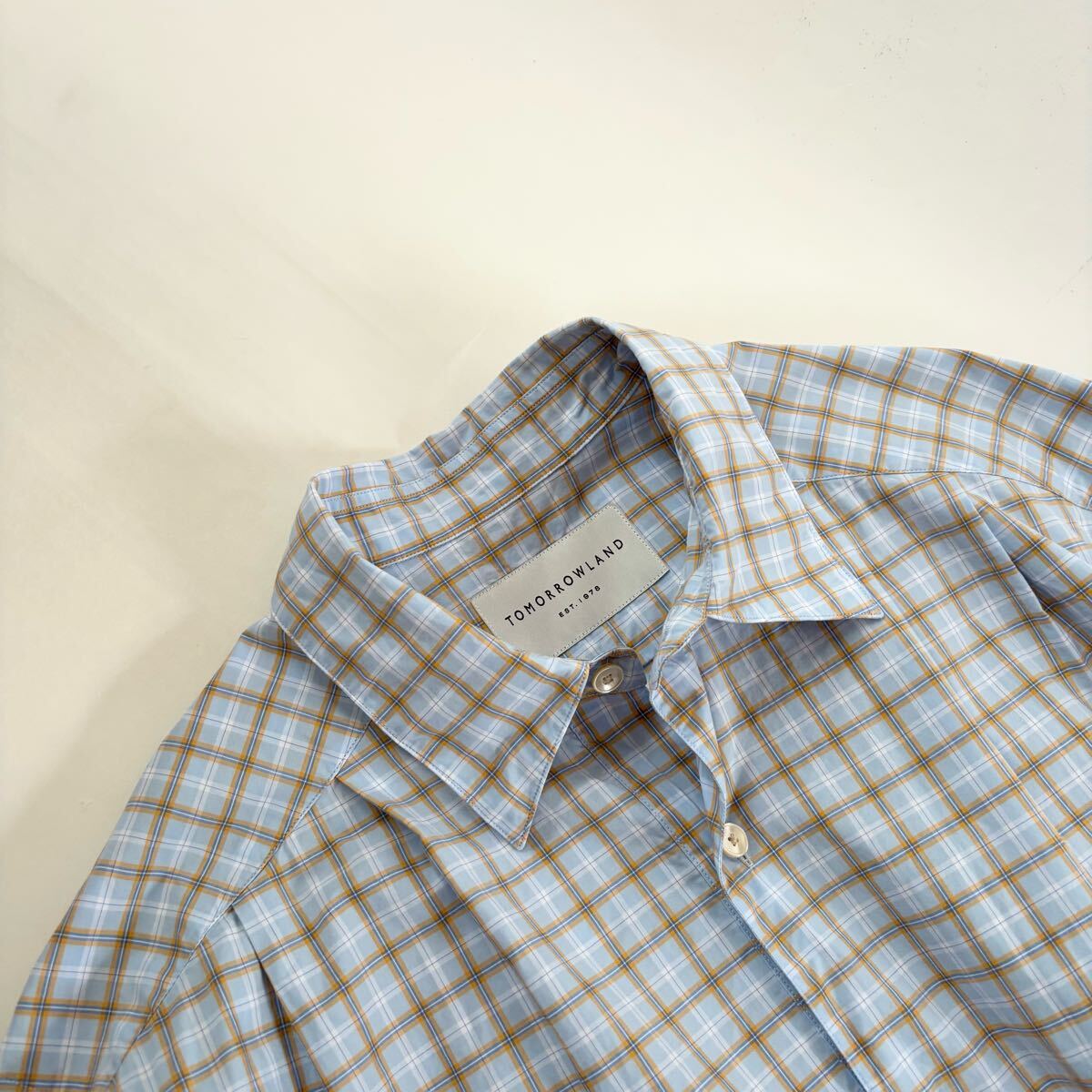 【美品】25SS TOMORROWLAND 日本制 トゥモローランド レギュラーカラー プルオーバー タック シャツ チェック柄 ブルー系 size S