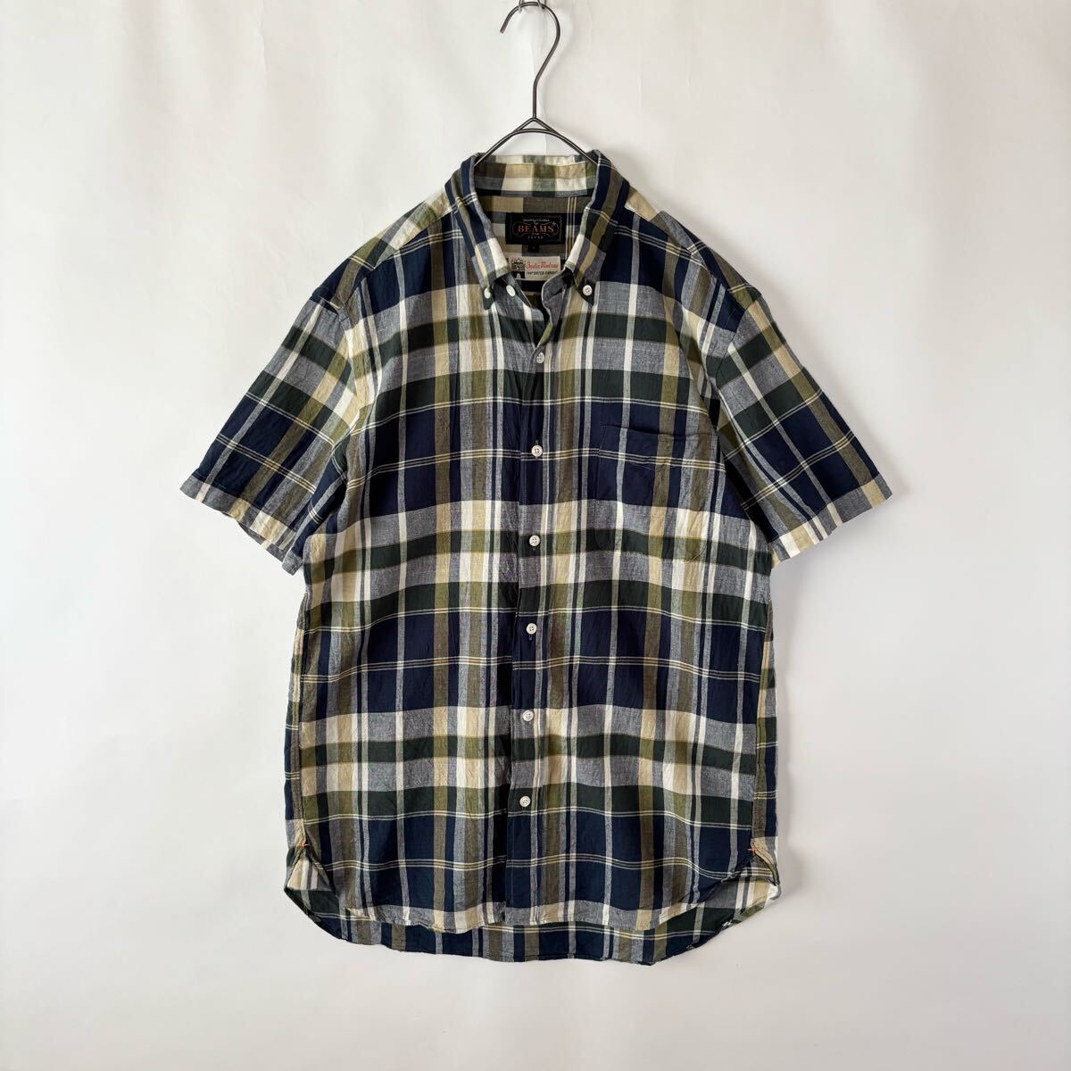【美品】BEAMS PLUS 日本制 ビームスプラス インディアンマドラス ボタンダウン シャツ ショートスリーブ チェック ネイビー系 size S