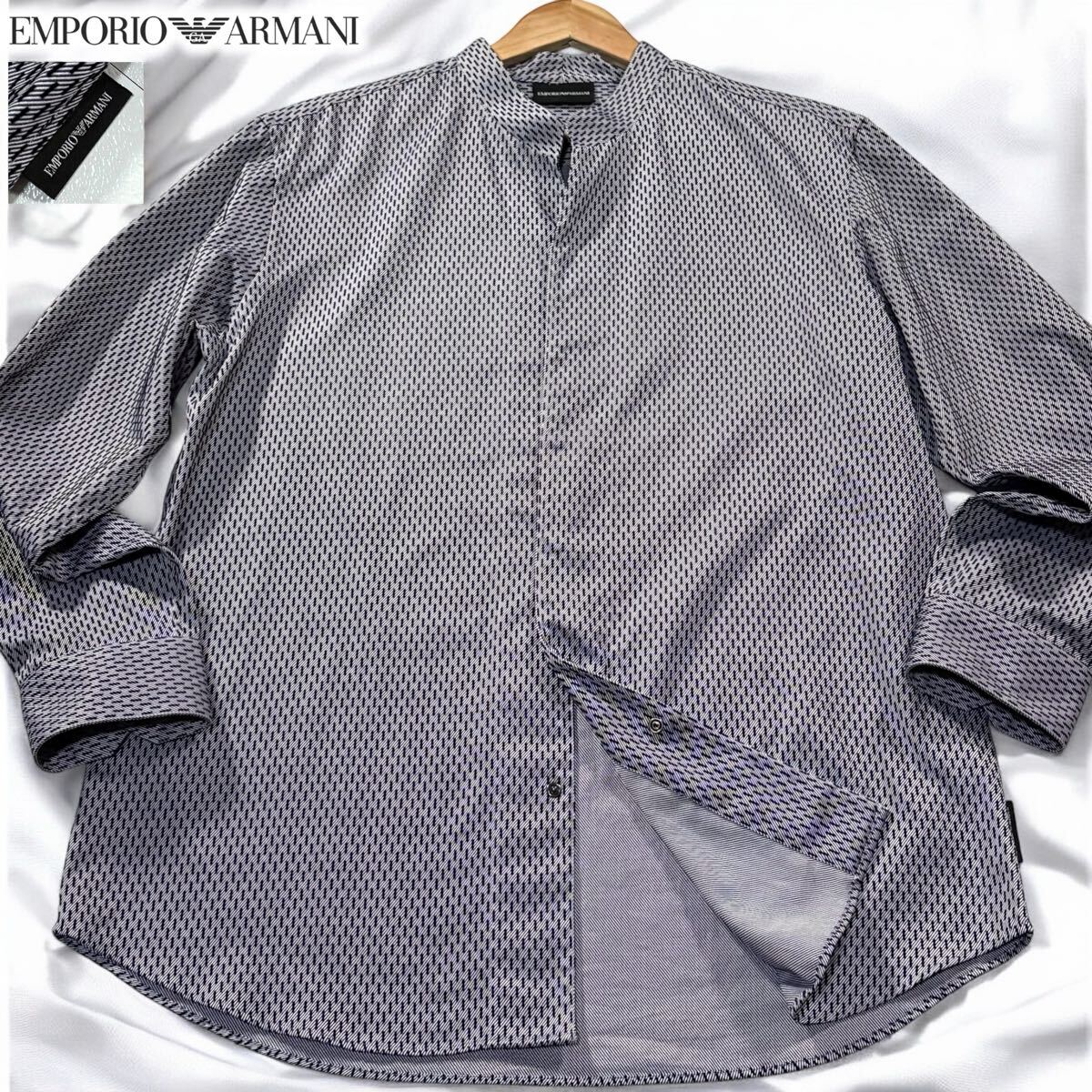 未使用級/Lサイズ●エンポリオ アルマーニ マオカラー 長袖シャツ 羽織り EMPORIO ARMANI カラーレス 総柄 幾何學(xué)模様 凸凹 3D ロゴタグ