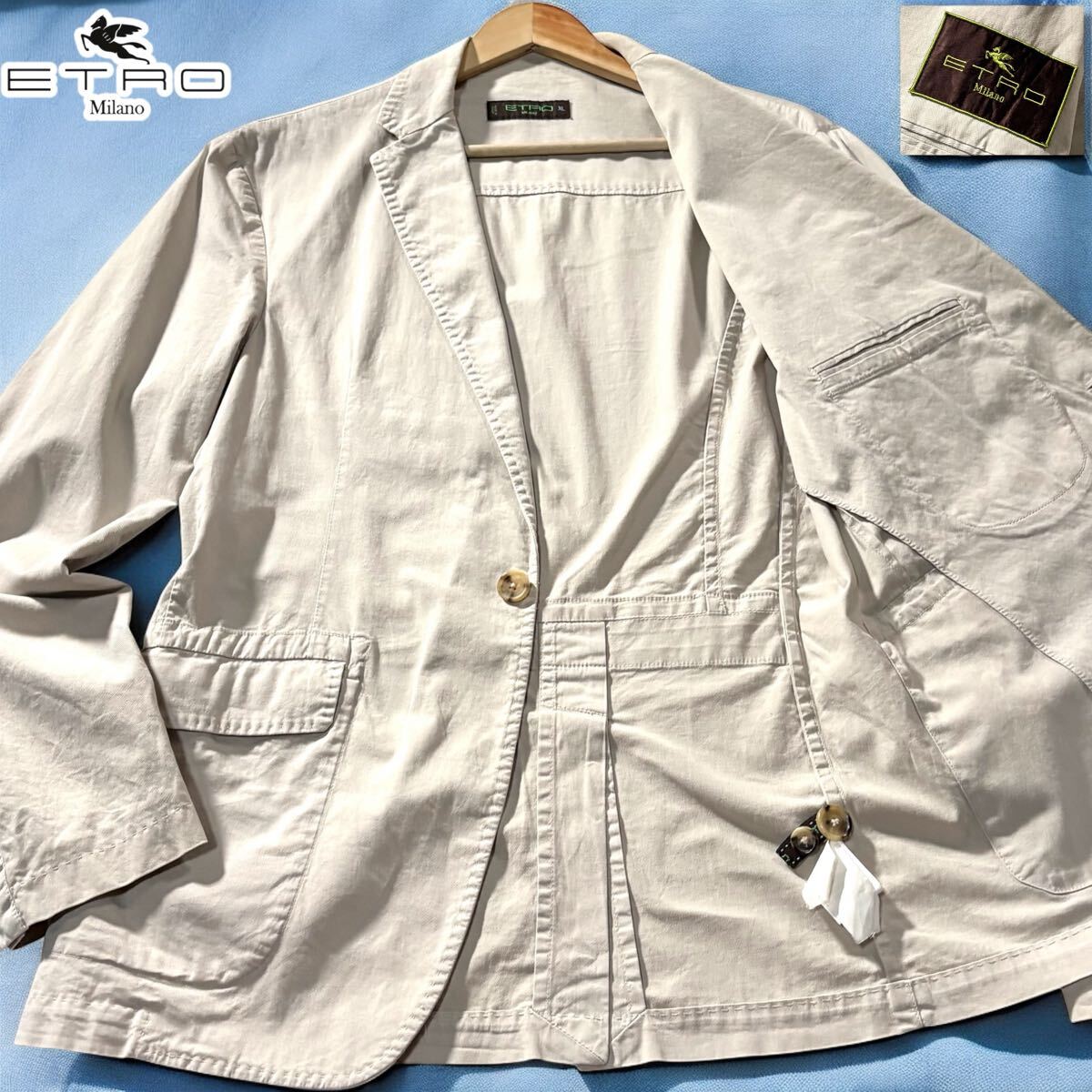 極美品/XLサイズ●エトロ ETRO サマーテーラードジャケット アンコン コットン ストレッチ ロゴ刻印ボタン 洗濯可能◎ ベージュ イタリア制