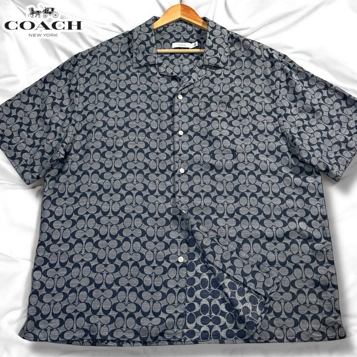 未使用級/XLサイズ●現行タグ COACH コーチ デニムカラー コットン 半袖シャツ 羽織り インディゴ シグネチャー CC総柄 洗濯可◎ ゆったり
