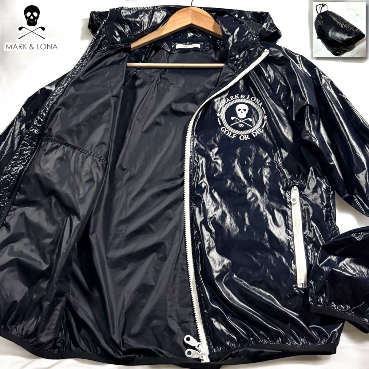未使用級(jí)●マークアンドロナ MARK&LONA ナイロンパーカー パッカブル ダブルジップ ジャケット 軽量 光沢感 ポーチへ ゴルフウエア 旅行 44